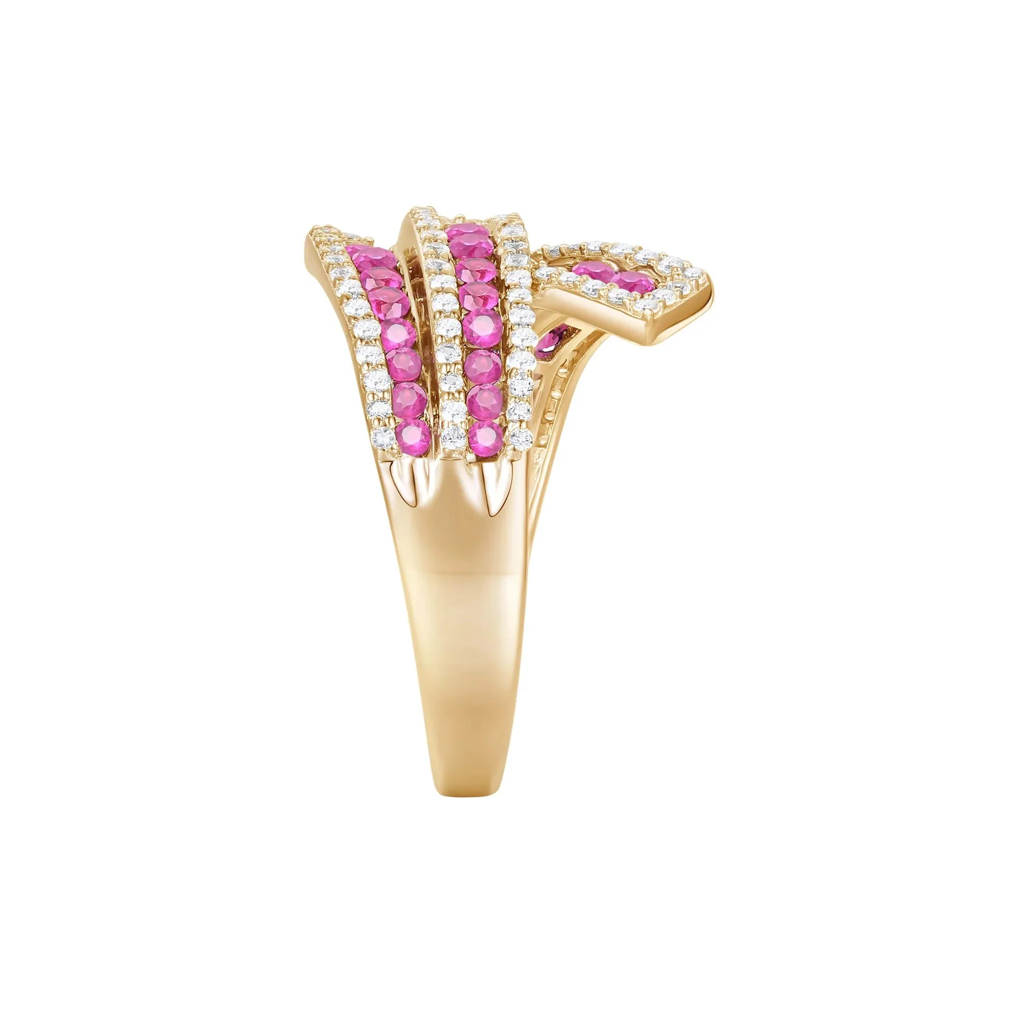1/2 CT. Tw. Ruby and Diamond Ribbon Ring 10K Yellow Gold Round Brilliant Cut Size 8 1mm - Image 3