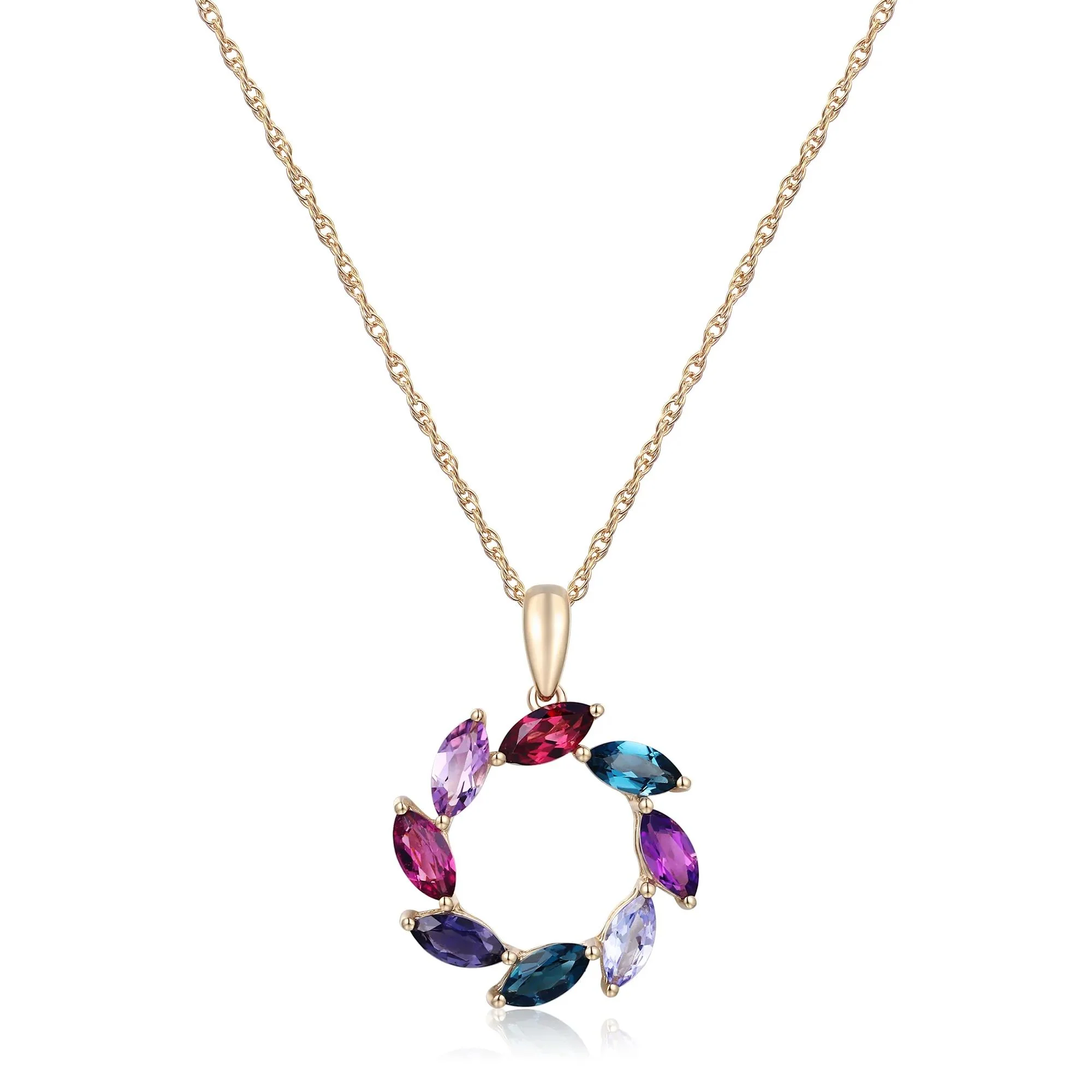 Multi-Gemstone Circle Pendant Necklace 10K Yellow Gold Size 18"