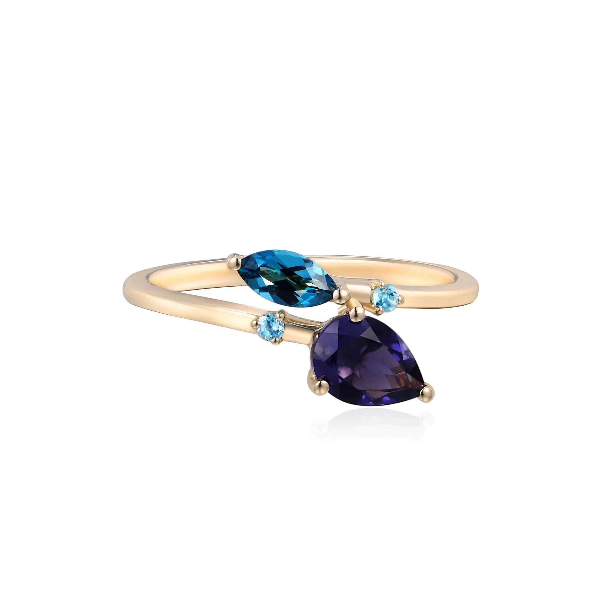 Bypass Ring with Iolite London Blue Topaz and Swiss Blue Topaz 10K Yellow Gold Round Brilliant Cut Size 6.5