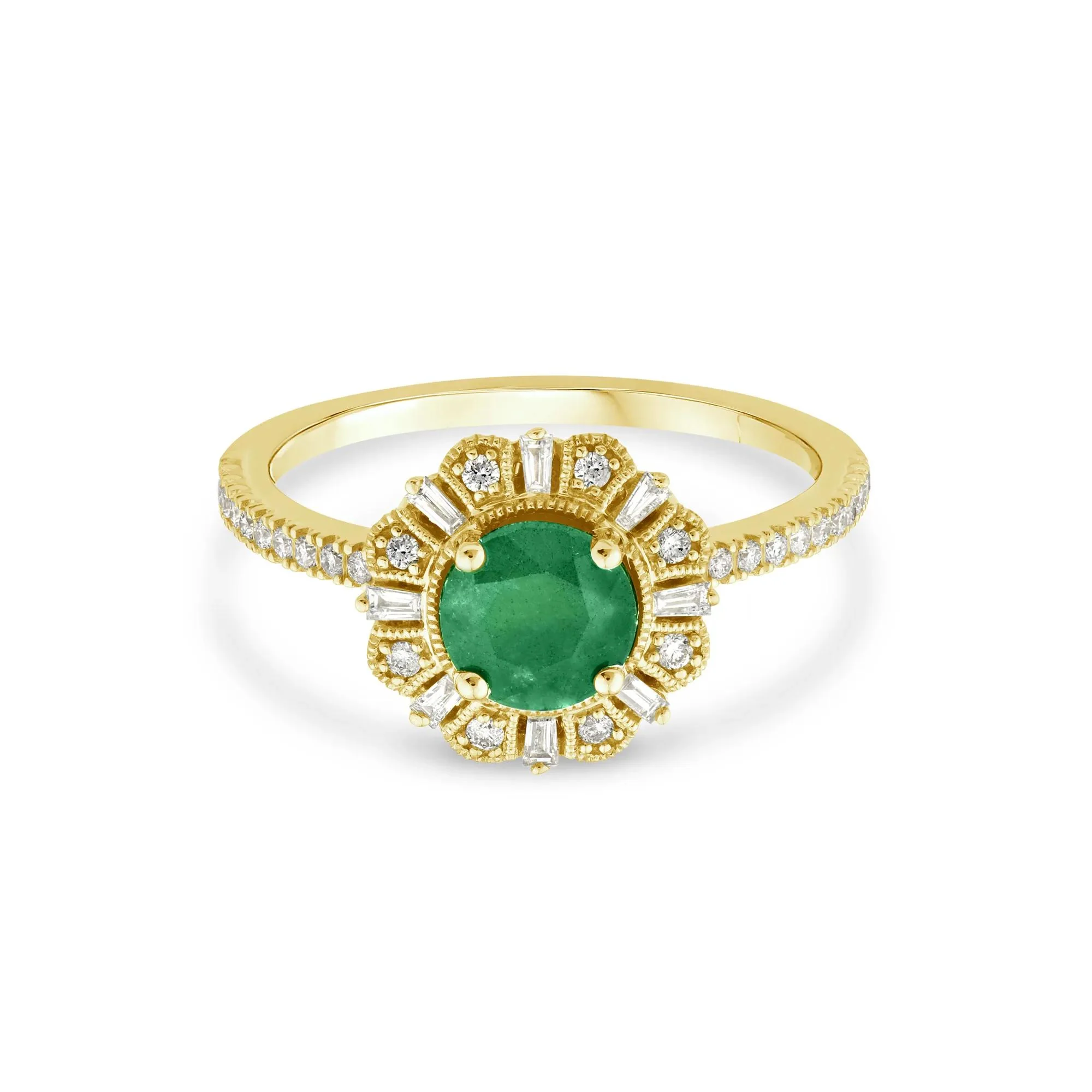 1/4 CT. Tw. Emerald and Diamond Vintage Halo Ring 10K Yellow Gold Round Brilliant Cut Size 6 1.5mm