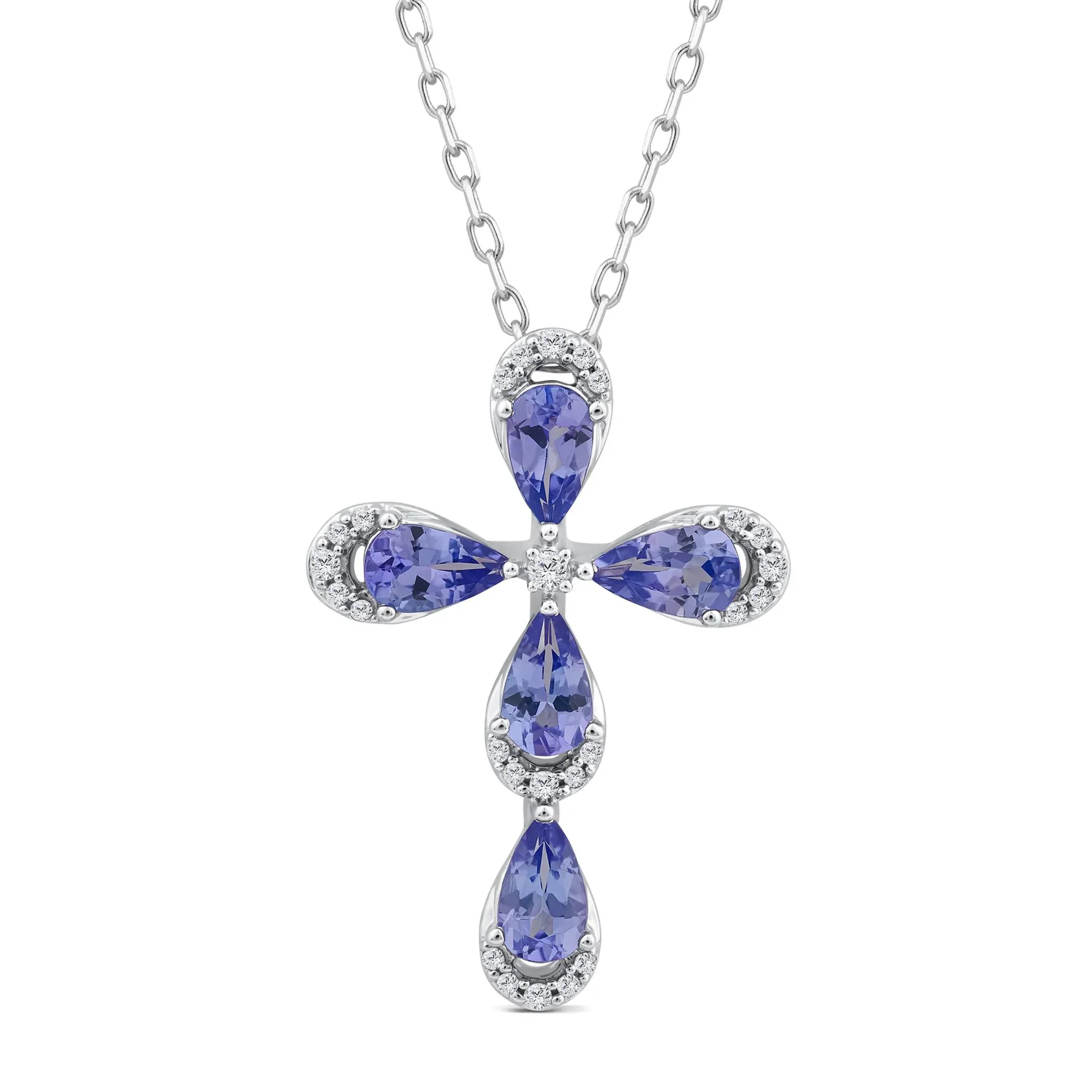 1/10 CT. Tw. Tanzanite and Diamond Cross Pendant Necklace 10K White Gold Size 18"