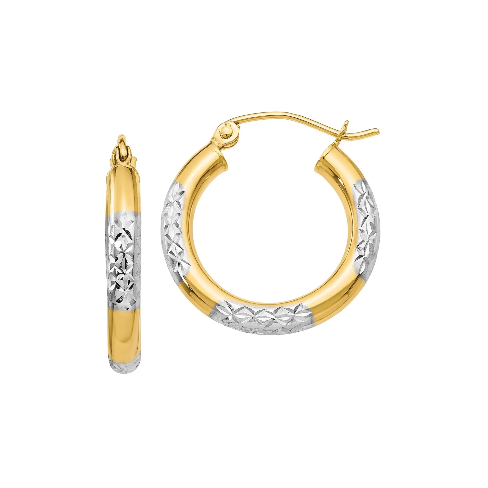 Diamond-Cut Hoop Earrings with White Rhodium Details 14K Yellow Gold Size 20.00mm