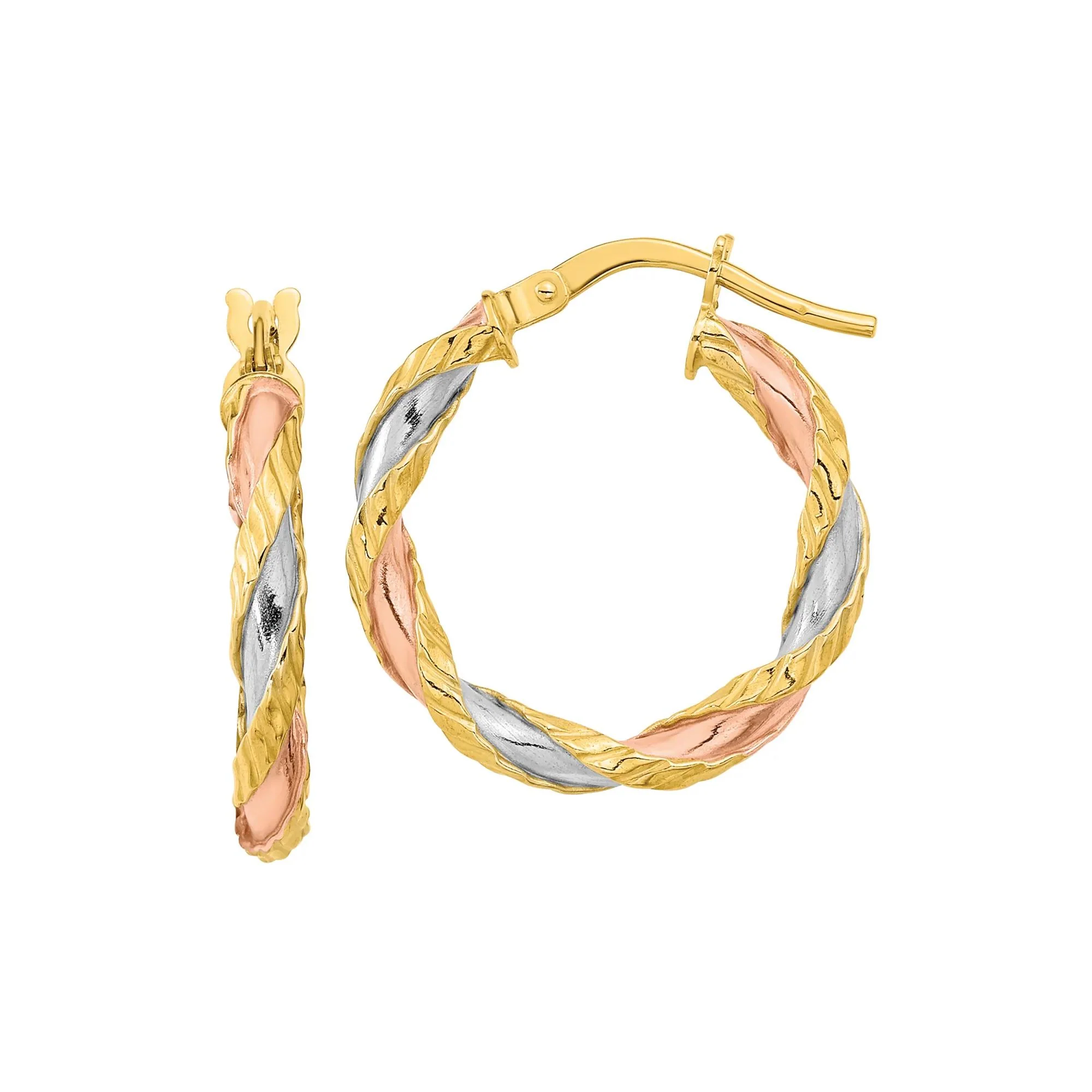 Twist Texture Hoop Earrings with White and Rose Rhodium Accents 14K Yellow Gold Size 20.00mm