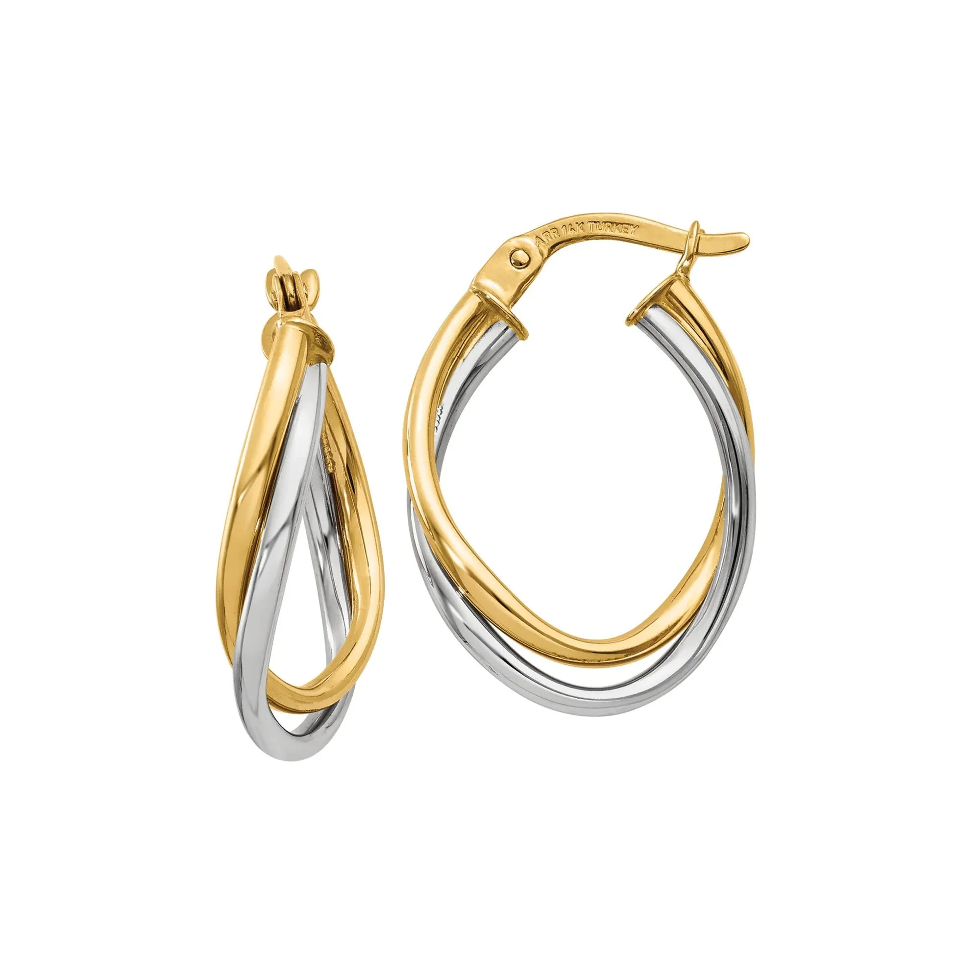 Polished Oval Twist Hoop Earring 14K Yellow & White Gold Size 15.00mm