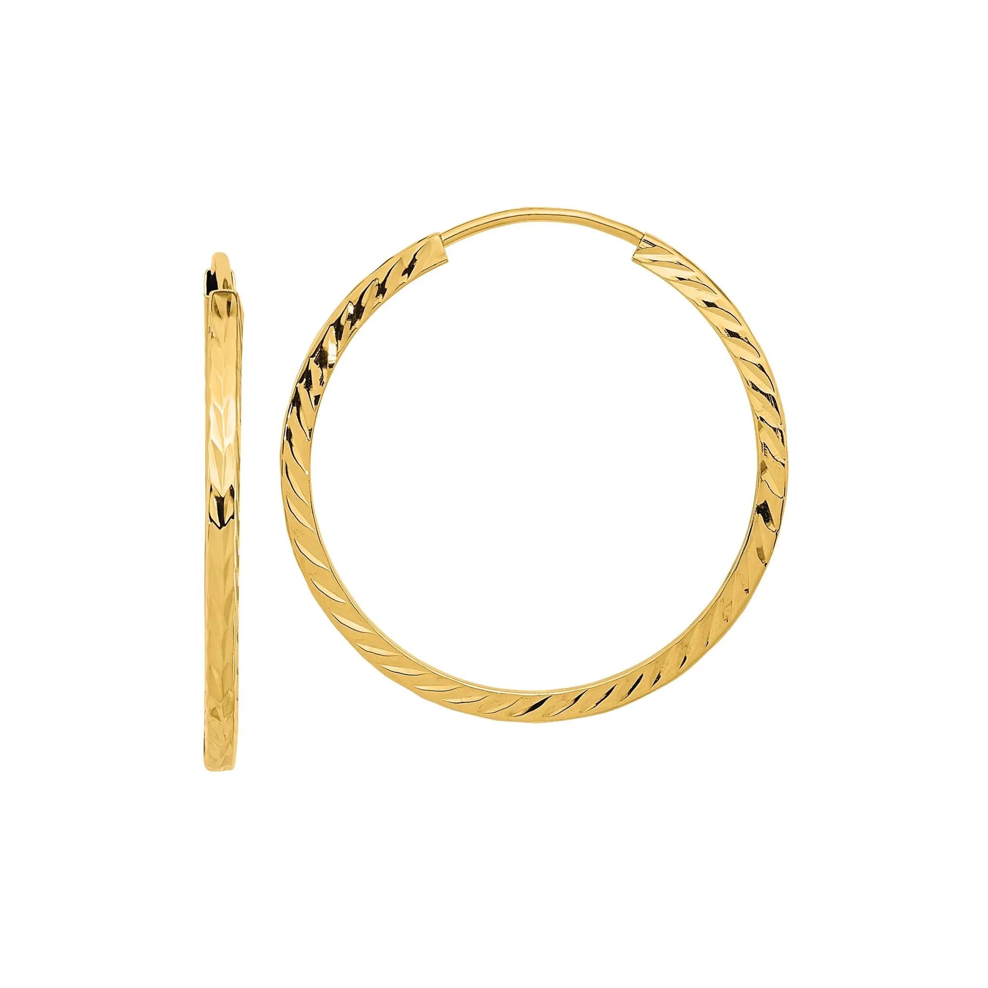 Diamond-Cut Square Tube Endless Hoop Earrings 14K Yellow Gold Size 25.00mm
