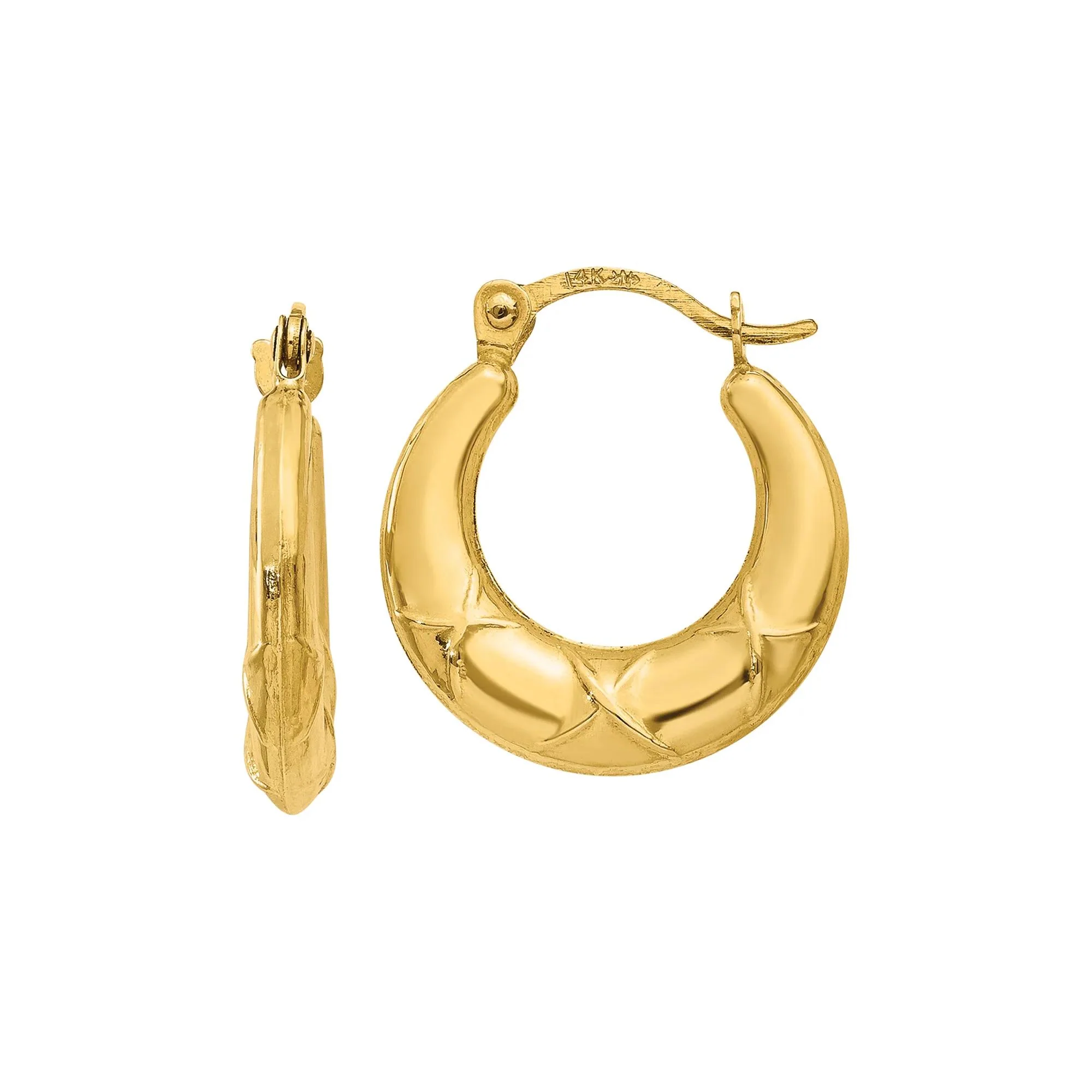 X Detailed Hollow Hoop Earrings 14K Yellow Gold Size 14.00mm