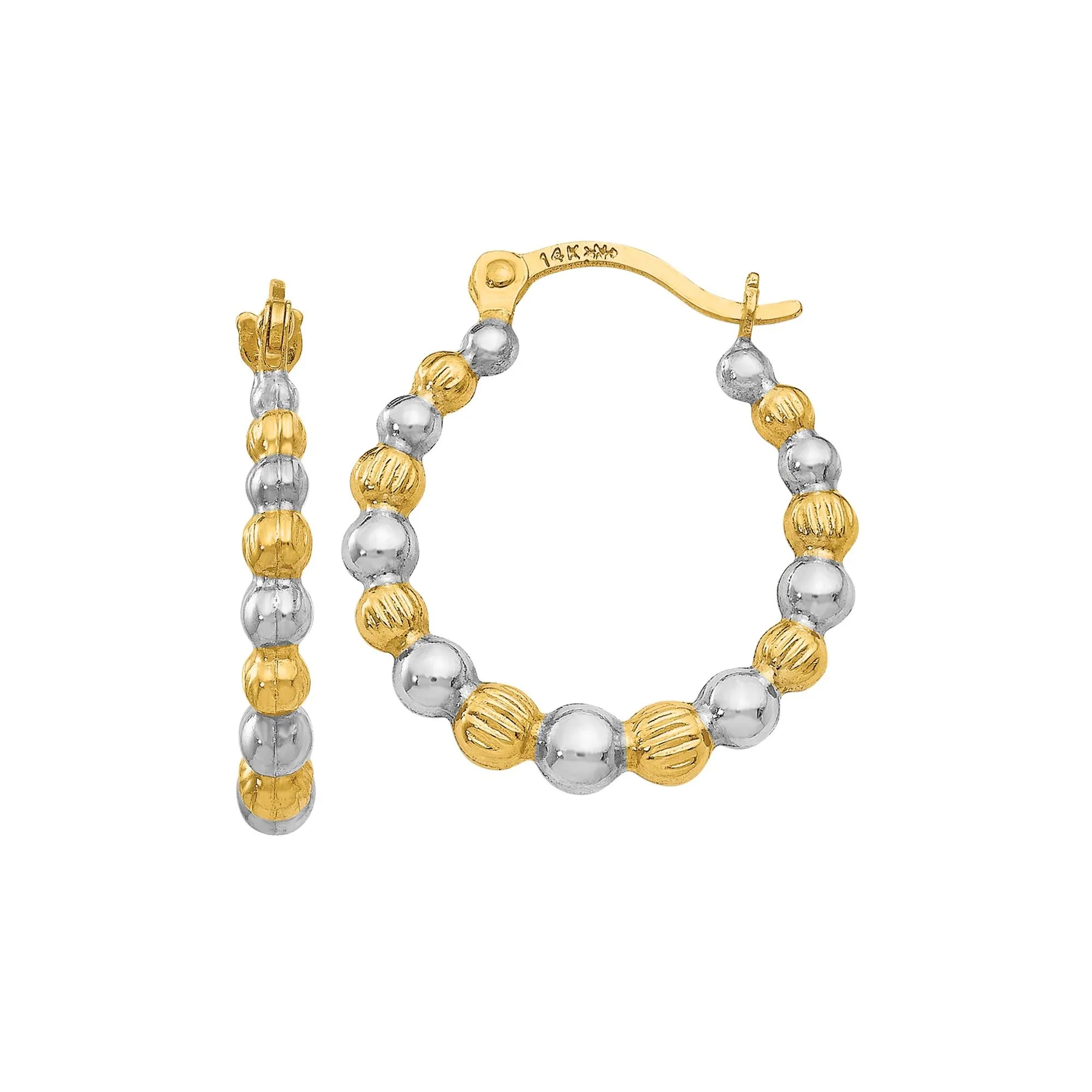 Beaded Hoop Earrings 14K Yellow & White Gold Size 18.00mm