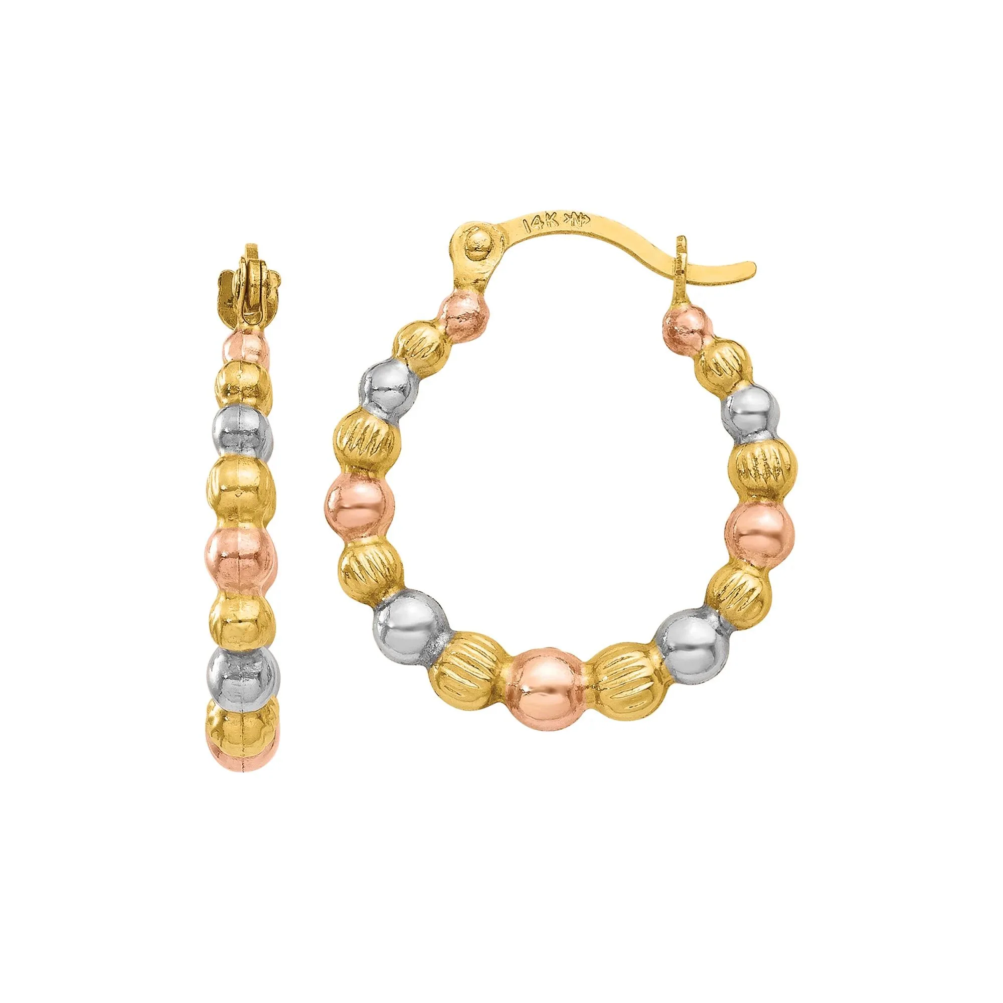 Beaded Hoop Earrings 14K Yellow White and Rose Gold Size 18.00mm