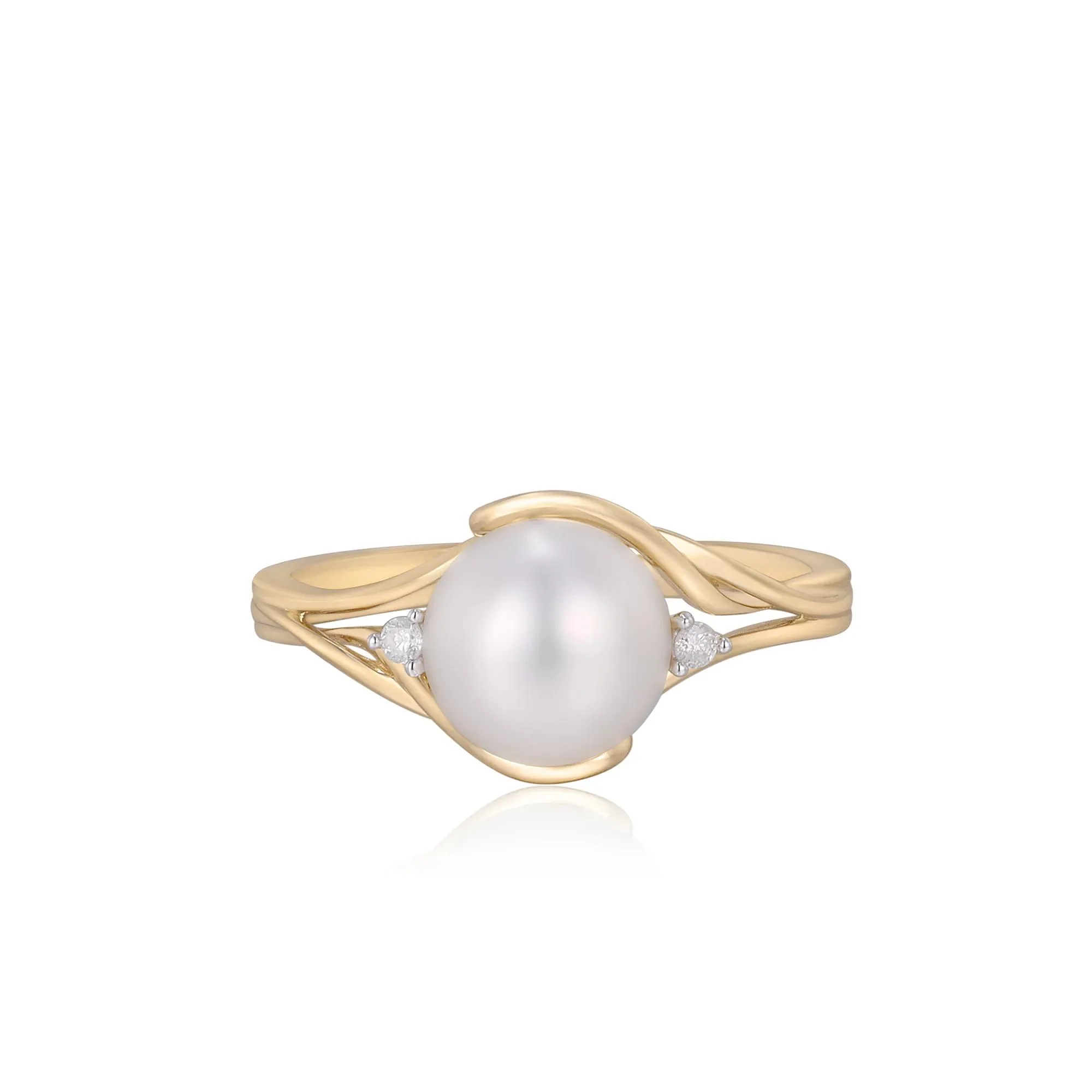 Cultured Freshwater Pearl and Diamond Accent Ring 10K Yellow Gold Round Brilliant Cut Size 7 2mm