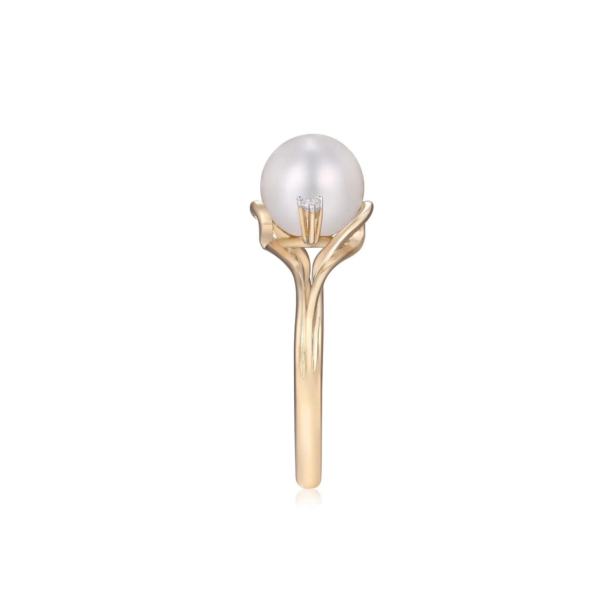 Cultured Freshwater Pearl and Diamond Accent Ring 10K Yellow Gold Round Brilliant Cut Size 8.5 2mm - Image 3