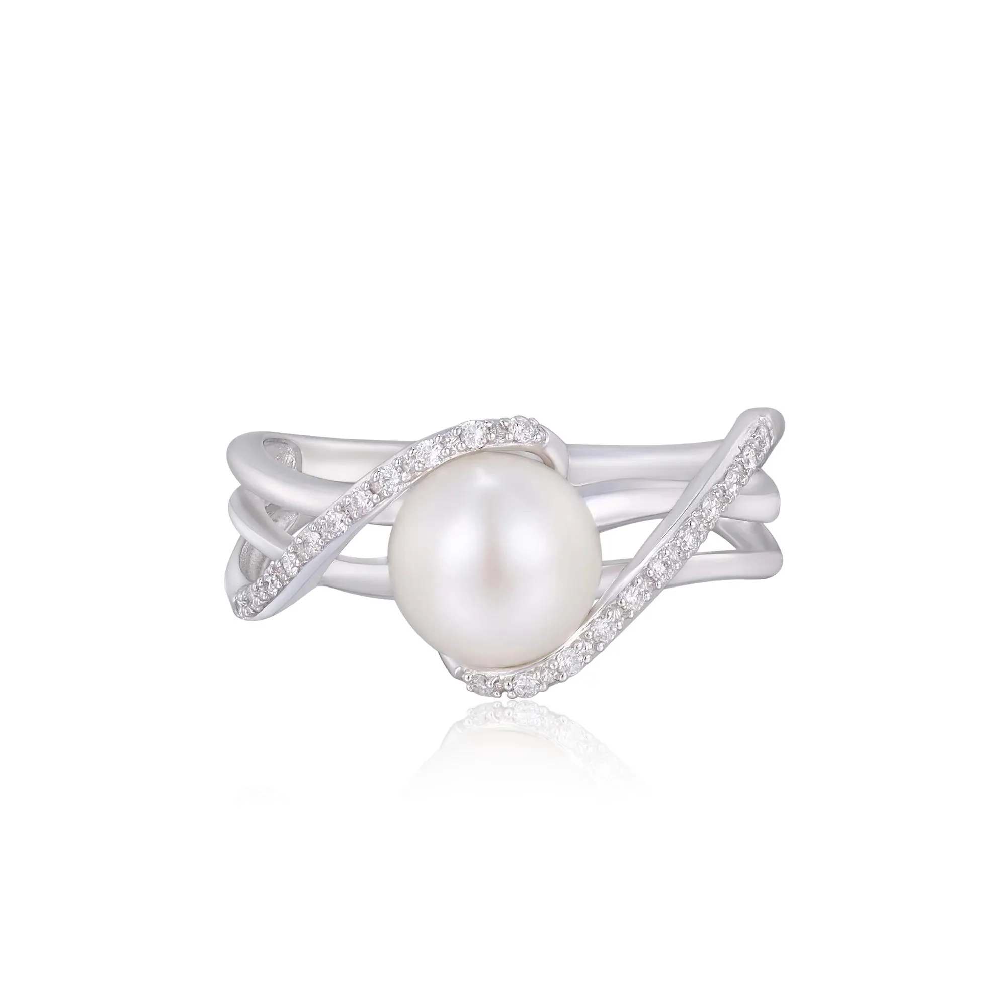 Cultured Freshwater Pearl and Diamond Ring 10K White Gold Round Brilliant Cut Size 6 3.5mm