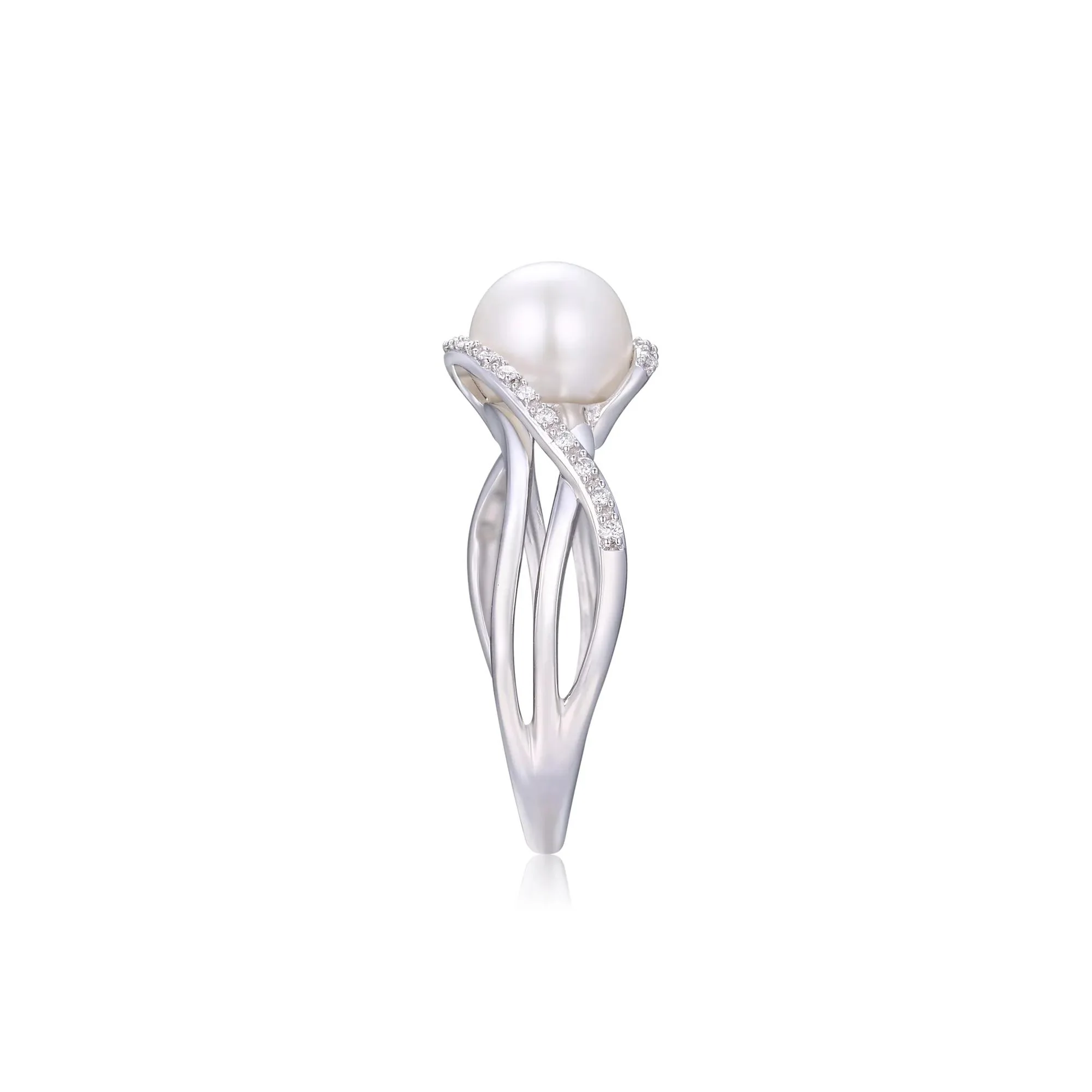 Cultured Freshwater Pearl and Diamond Ring 10K White Gold Round Brilliant Cut Size 6 3.5mm - Image 3
