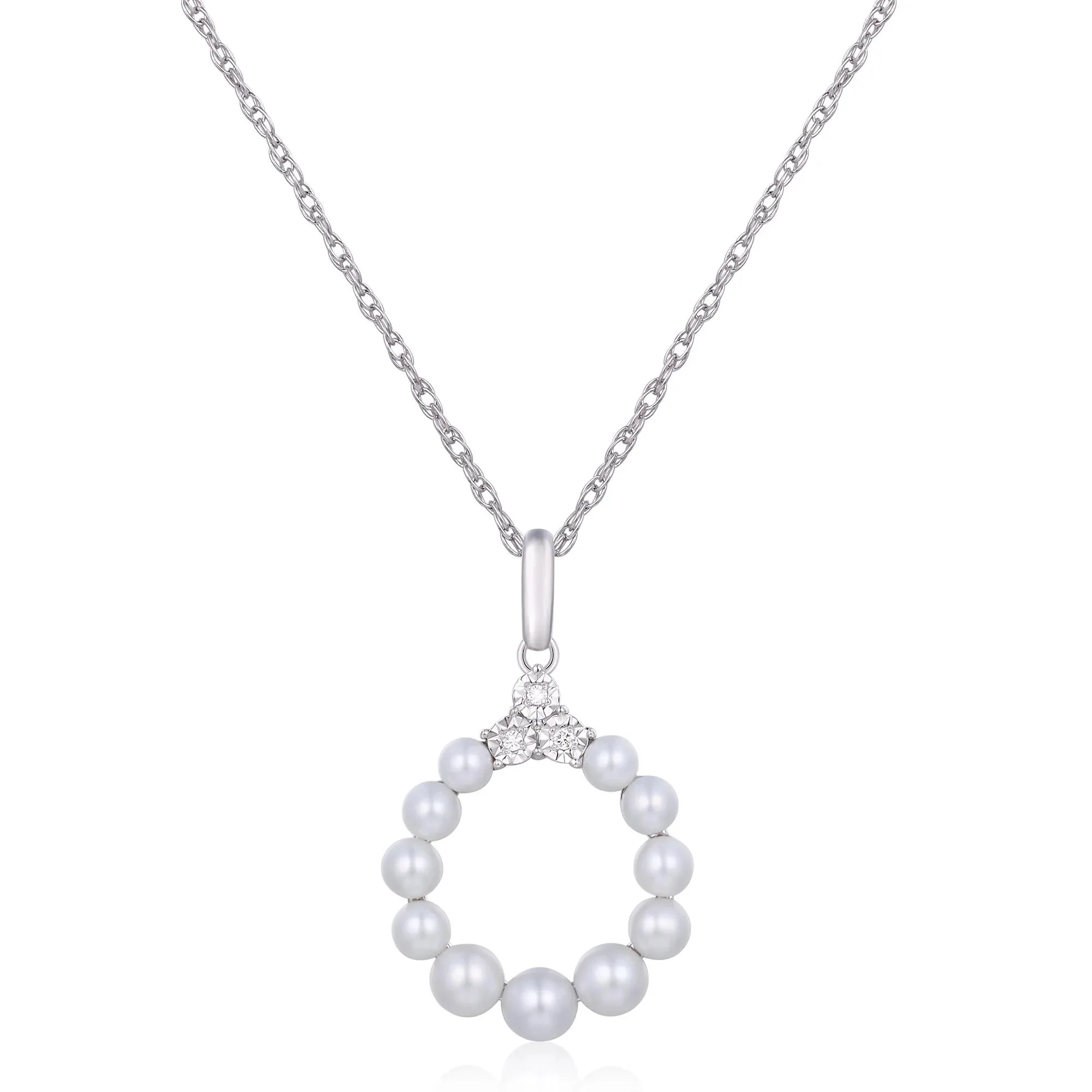 Freshwater Cultured Pearl Diamond Accent Circle Pendant Necklace .925 Sterling Silver White Size 18"