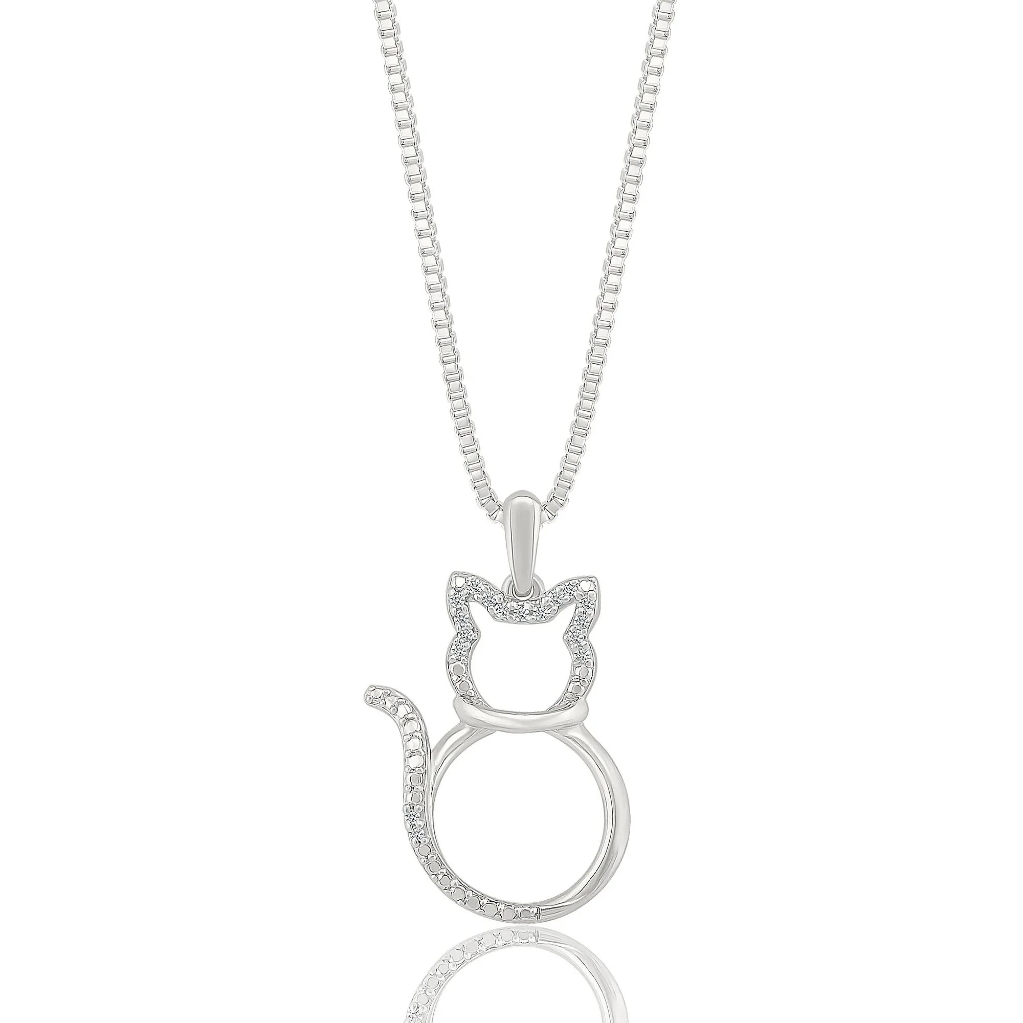 Diamond Accent Cat Pendant Necklace .925 Sterling Silver White Size 18"