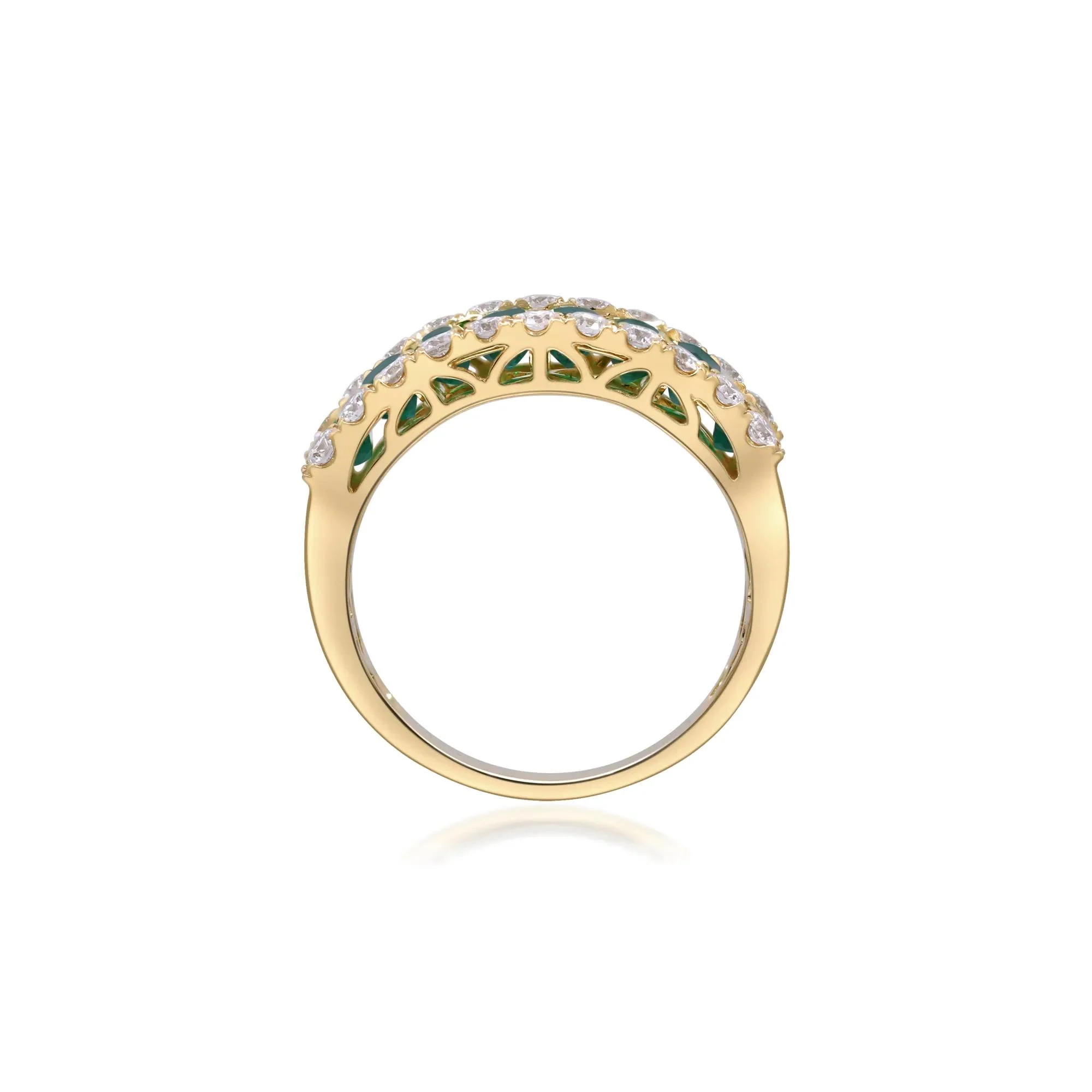 3/4 CT. Tw. Emerald and Diamond Three-Row Ring 14K Yellow Gold Round Brilliant Cut Size 6.5 2mm - Image 2