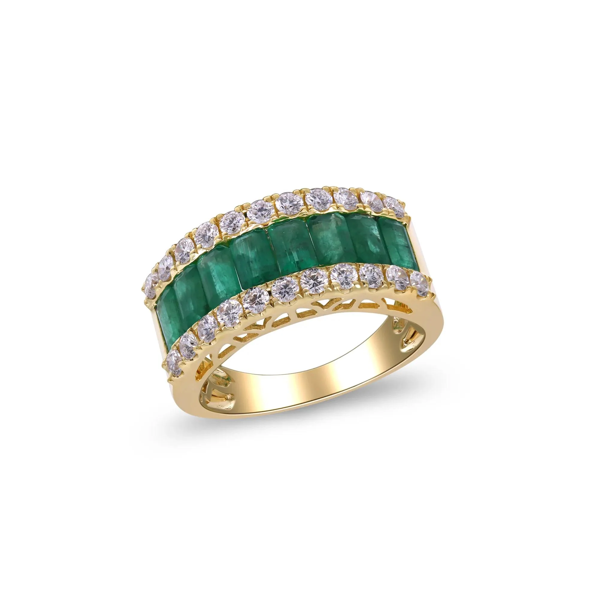 3/4 CT. Tw. Emerald and Diamond Three-Row Ring 14K Yellow Gold Round Brilliant Cut Size 6.5 2mm - Image 4