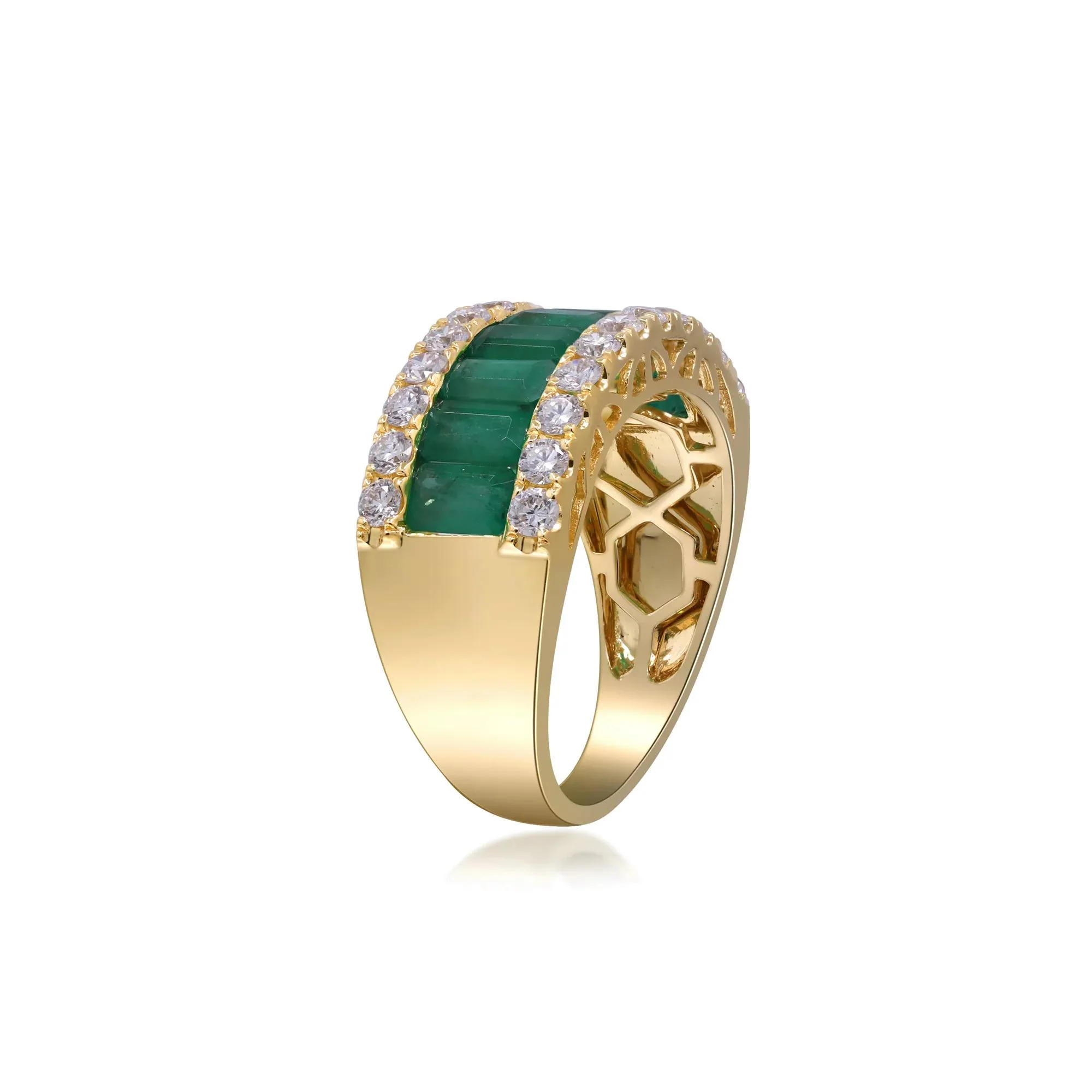 3/4 CT. Tw. Emerald and Diamond Three-Row Ring 14K Yellow Gold Round Brilliant Cut Size 7.5 2mm - Image 3