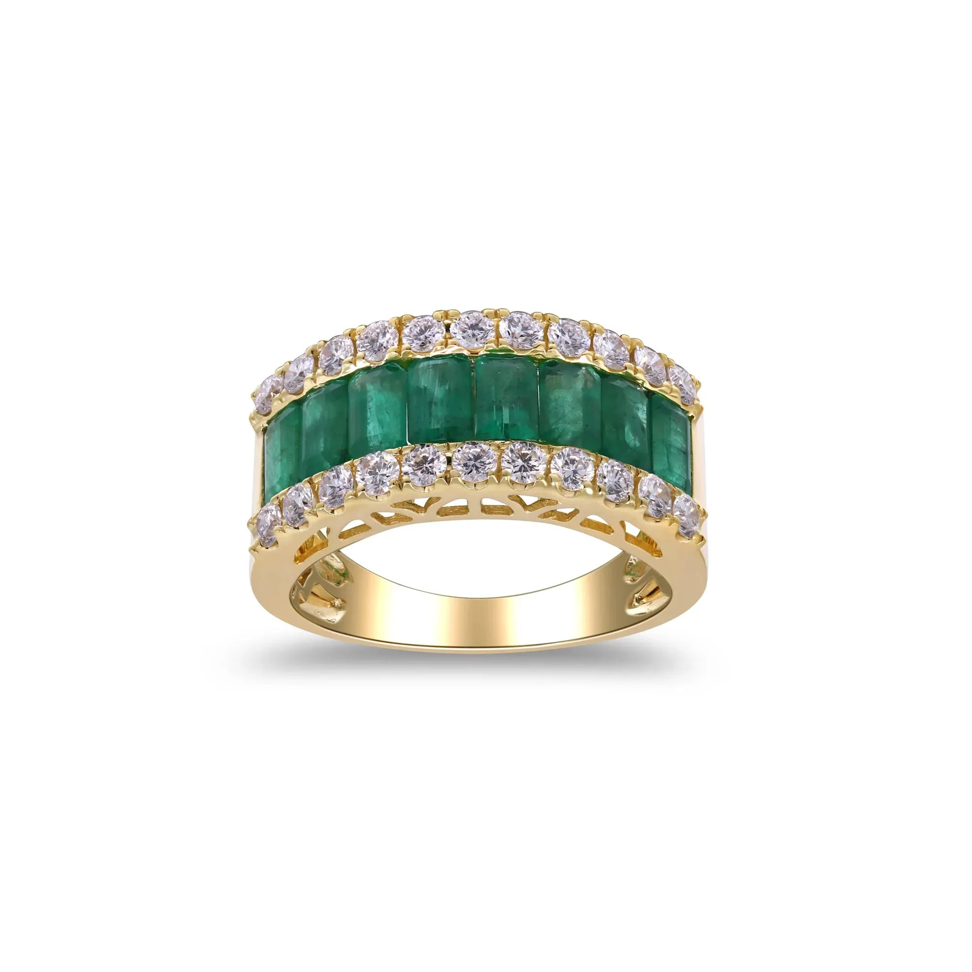 3/4 CT. Tw. Emerald and Diamond Three-Row Ring 14K Yellow Gold Round Brilliant Cut Size 8 2mm