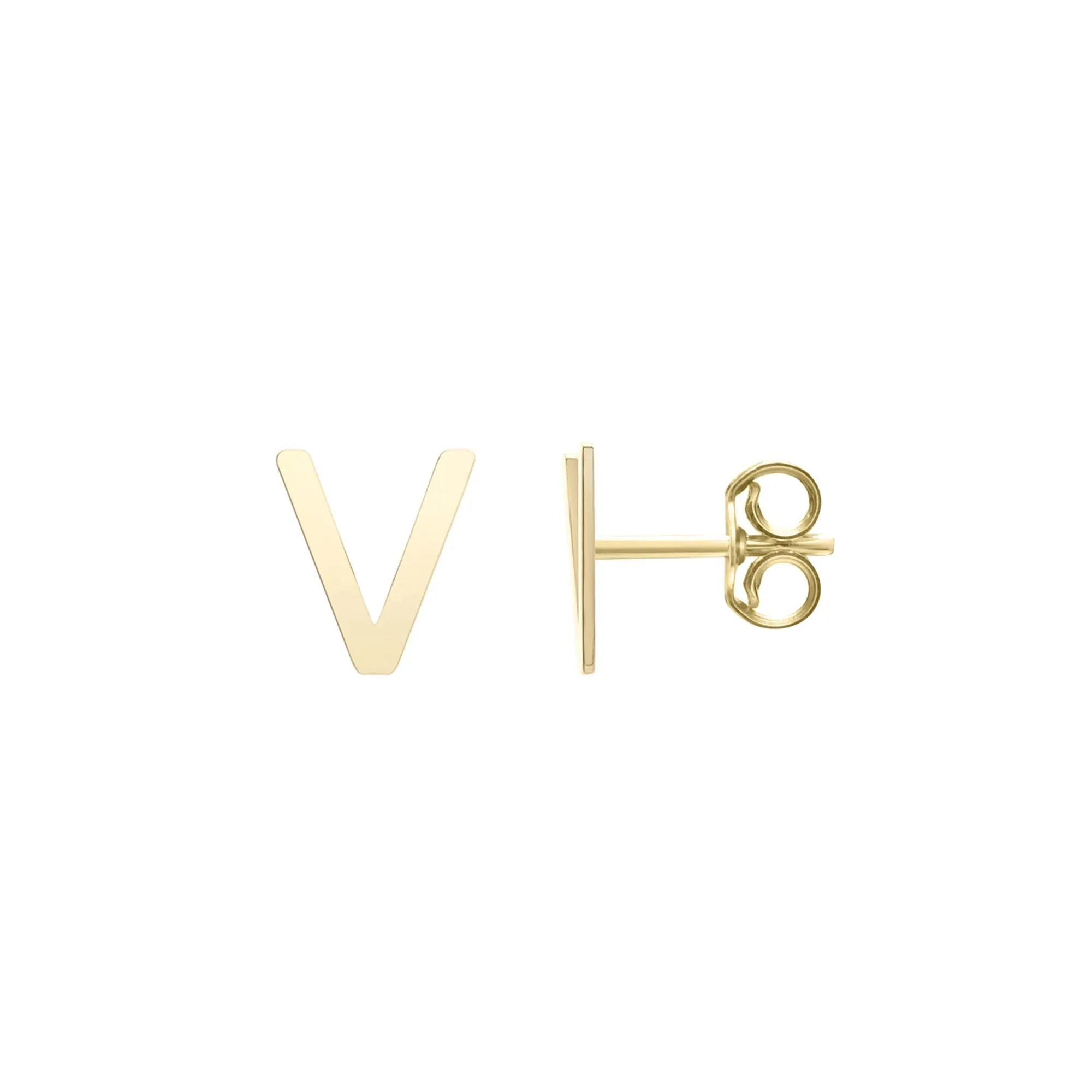 Initial Stud Earrings Letter "v" 14K Yellow Gold Size 5.00mm