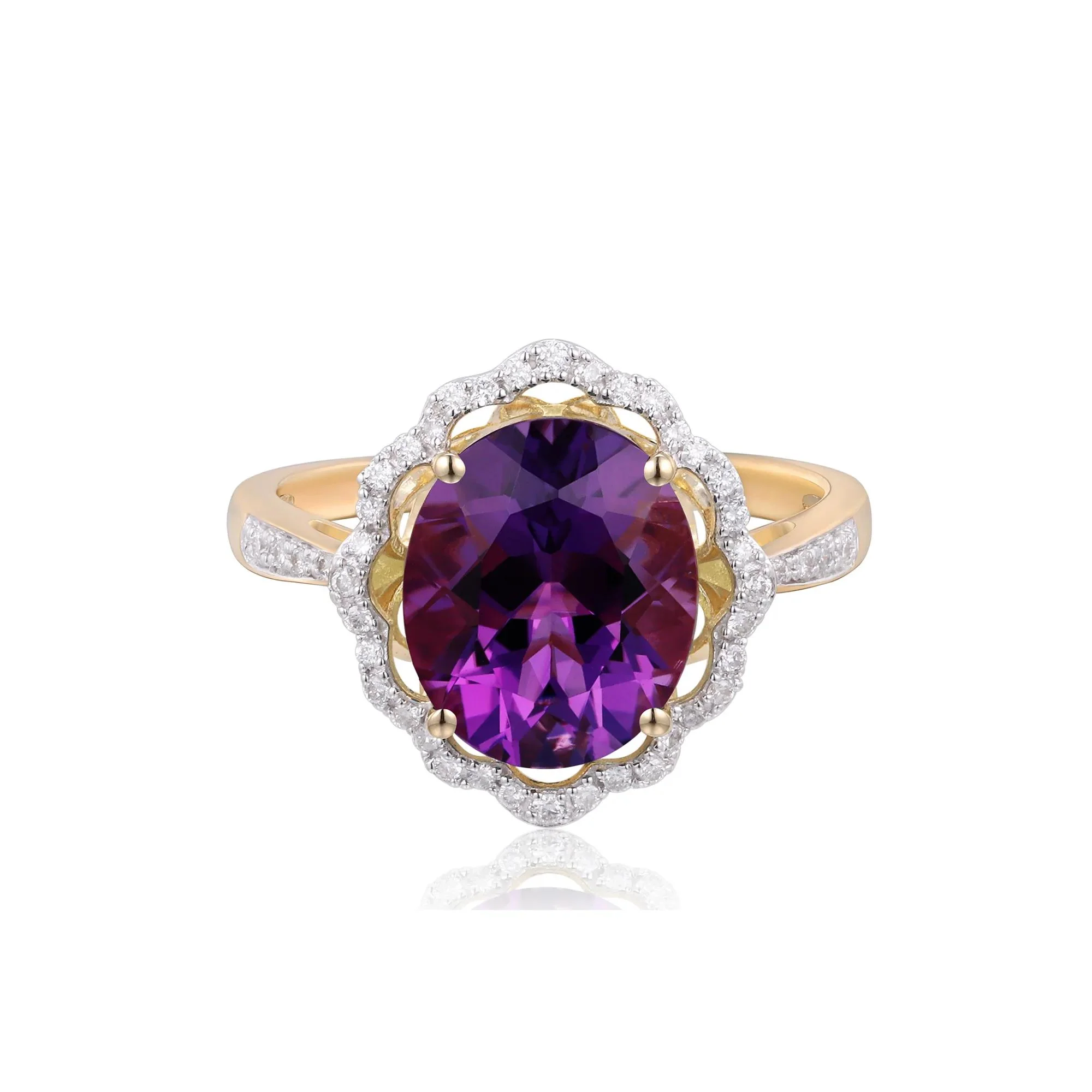 1/7 CT. Tw. Amethyst and Diamond Scalloped Halo Ring 10K Yellow Gold Round Brilliant Cut Size 7