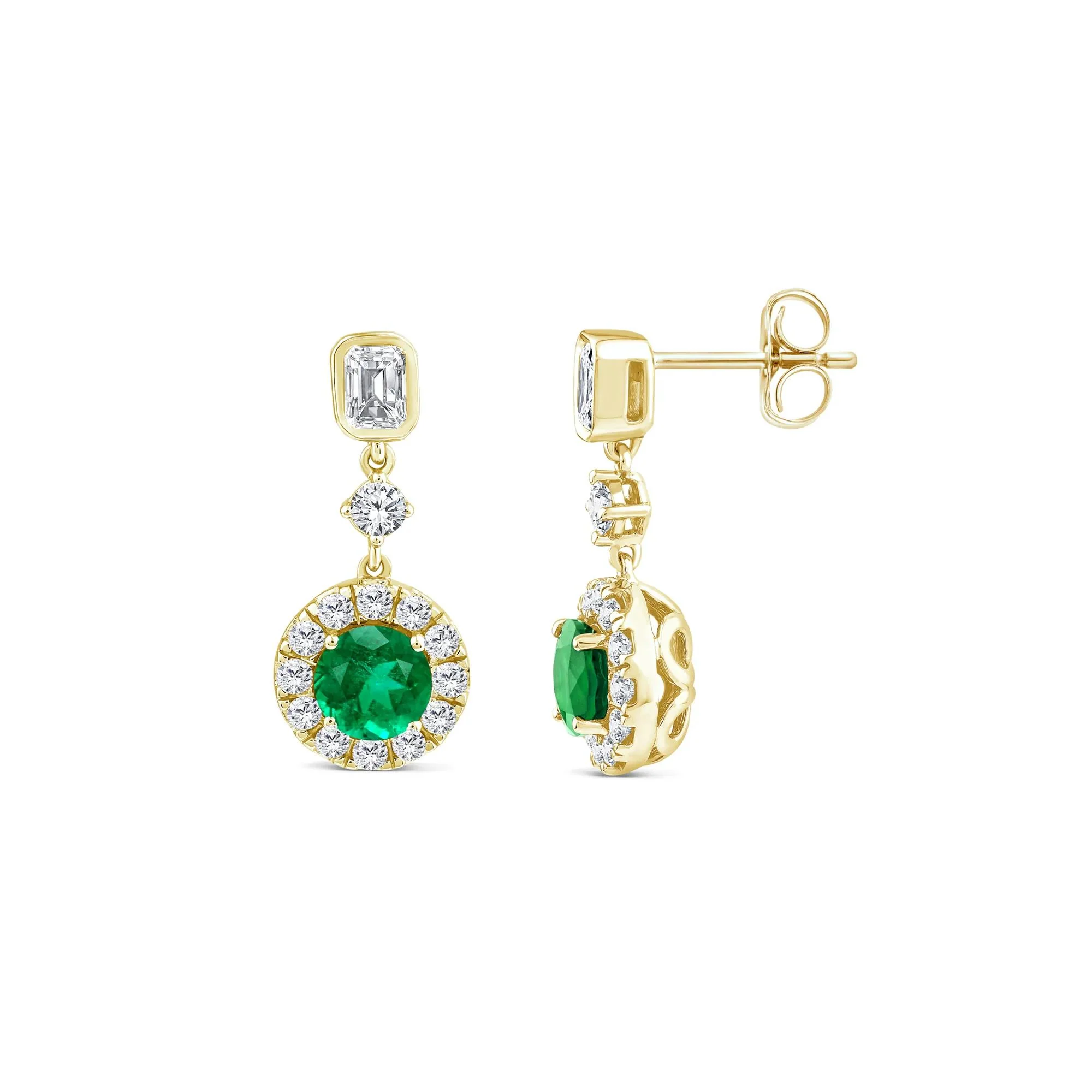 3/4 CT. Tw. Emerald and Diamond Halo Drop Earring 10K Yellow Gold Size 8.10mm - Image 2