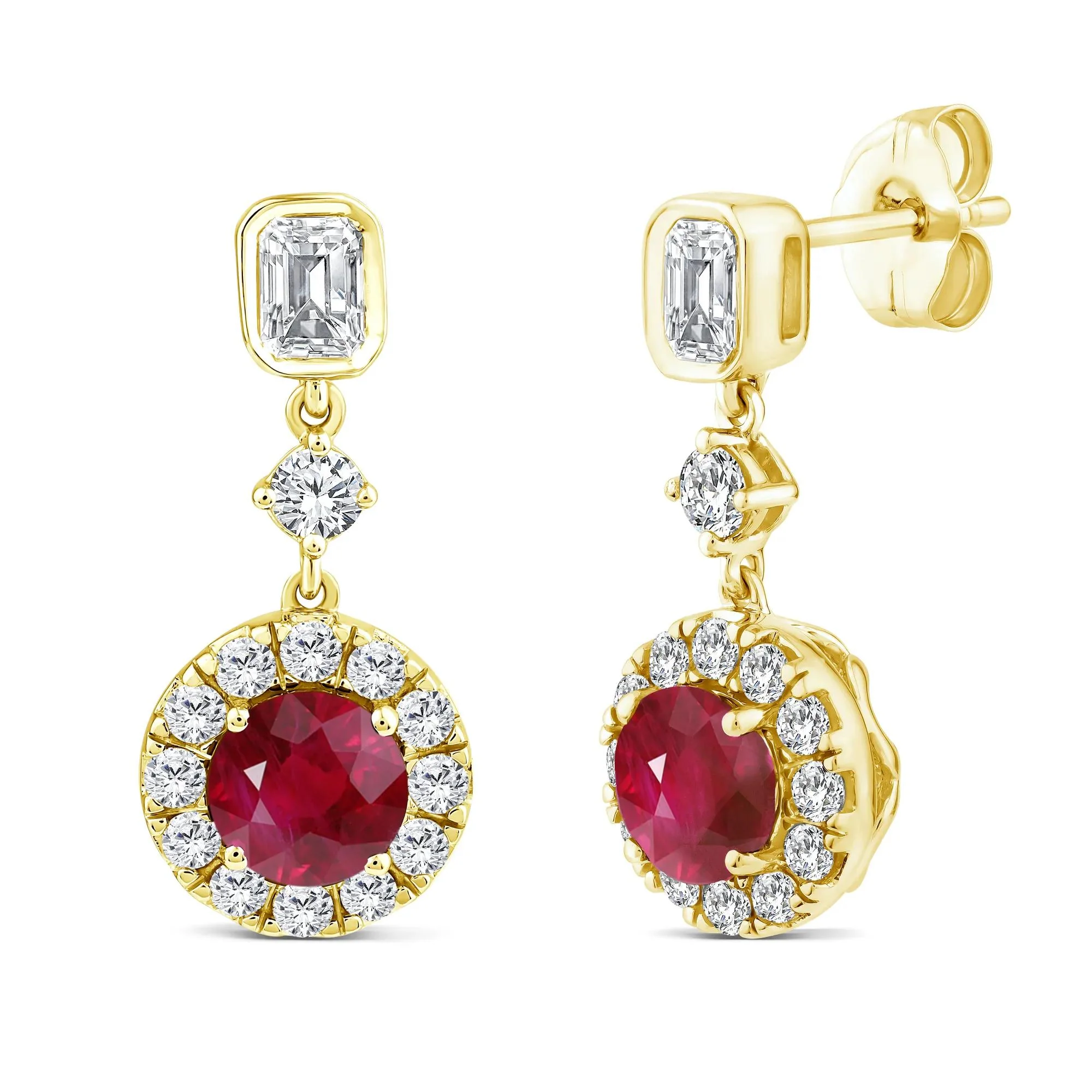 3/4 CT. Tw. Ruby and Diamond Halo Drop Earring 10K Yellow Gold Size 8.10mm
