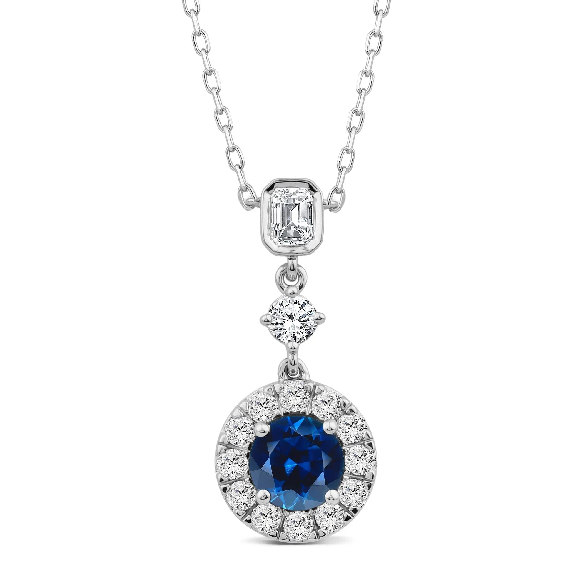 1 CT. Tw. Blue Sapphire and Diamond Halo Pendant Necklace 10K White Gold Size 16.5"