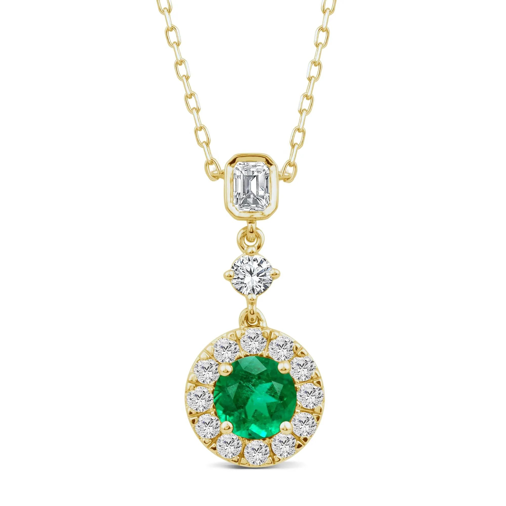 1 CT. Tw. Emerald and Diamond Halo Pendant Necklace 10K Yellow Gold Size 16.5"