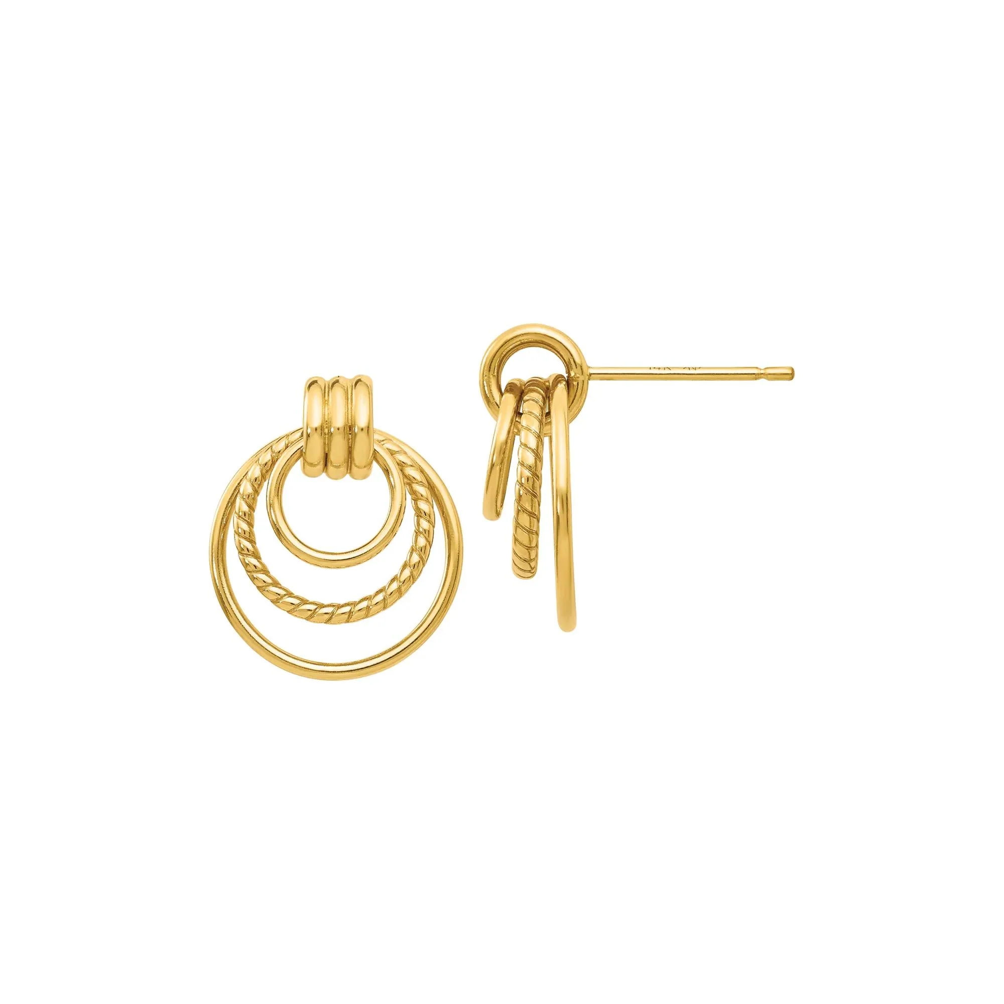 Triple Hoop Post Earrings 14K Yellow Gold Size 15.00mm