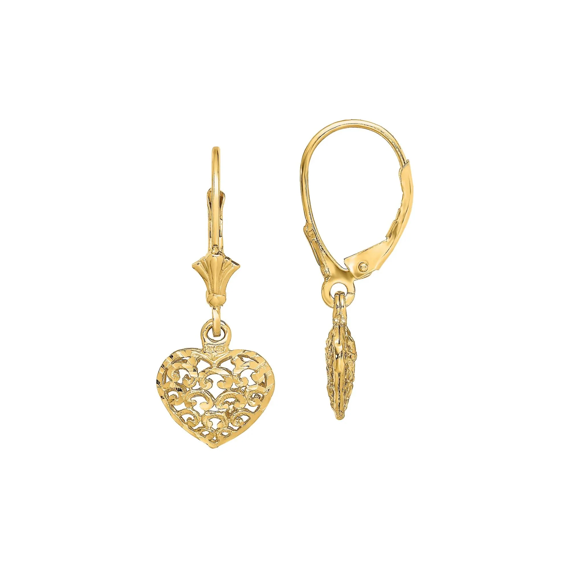 Diamond-Cut Mini Puff Heart Drop Earrings 14K Yellow Gold Size 21.00mm