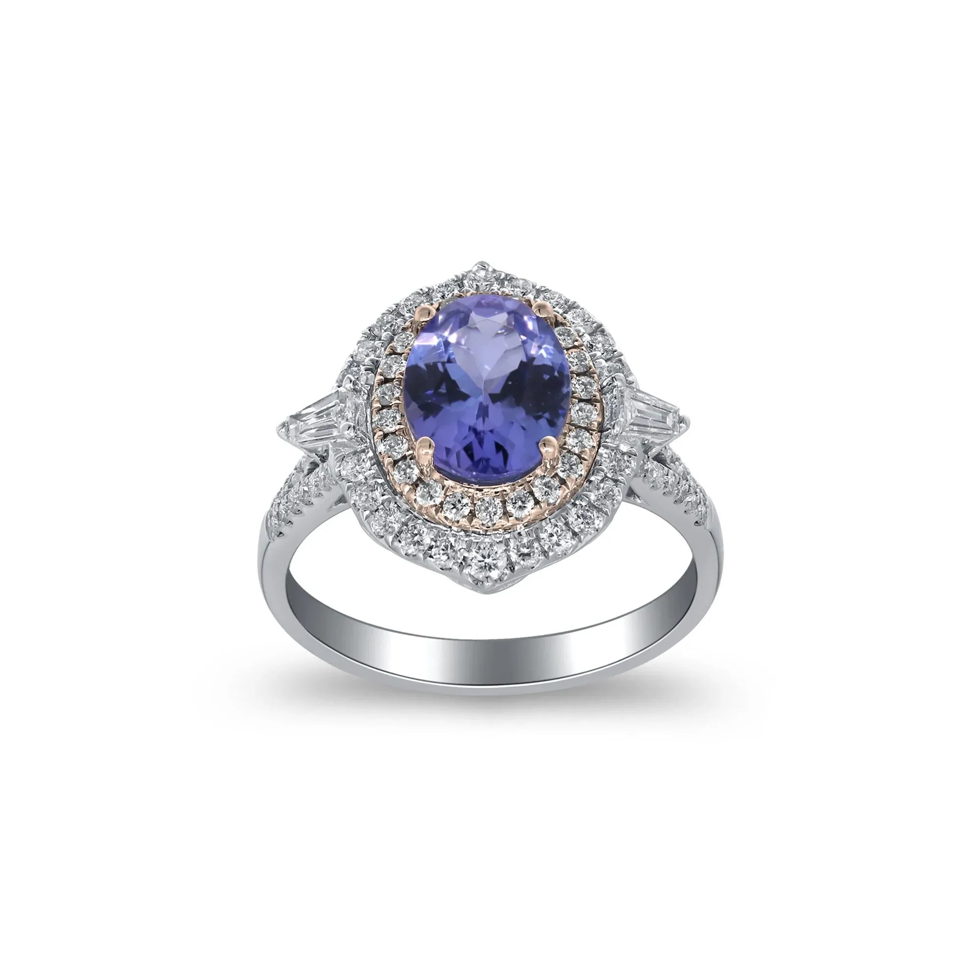 1/2 CT. Tw. Tanzanite and Diamond Halo Ring 14K White and Yellow Gold Round Brilliant Cut Size 6 2mm - Image 4