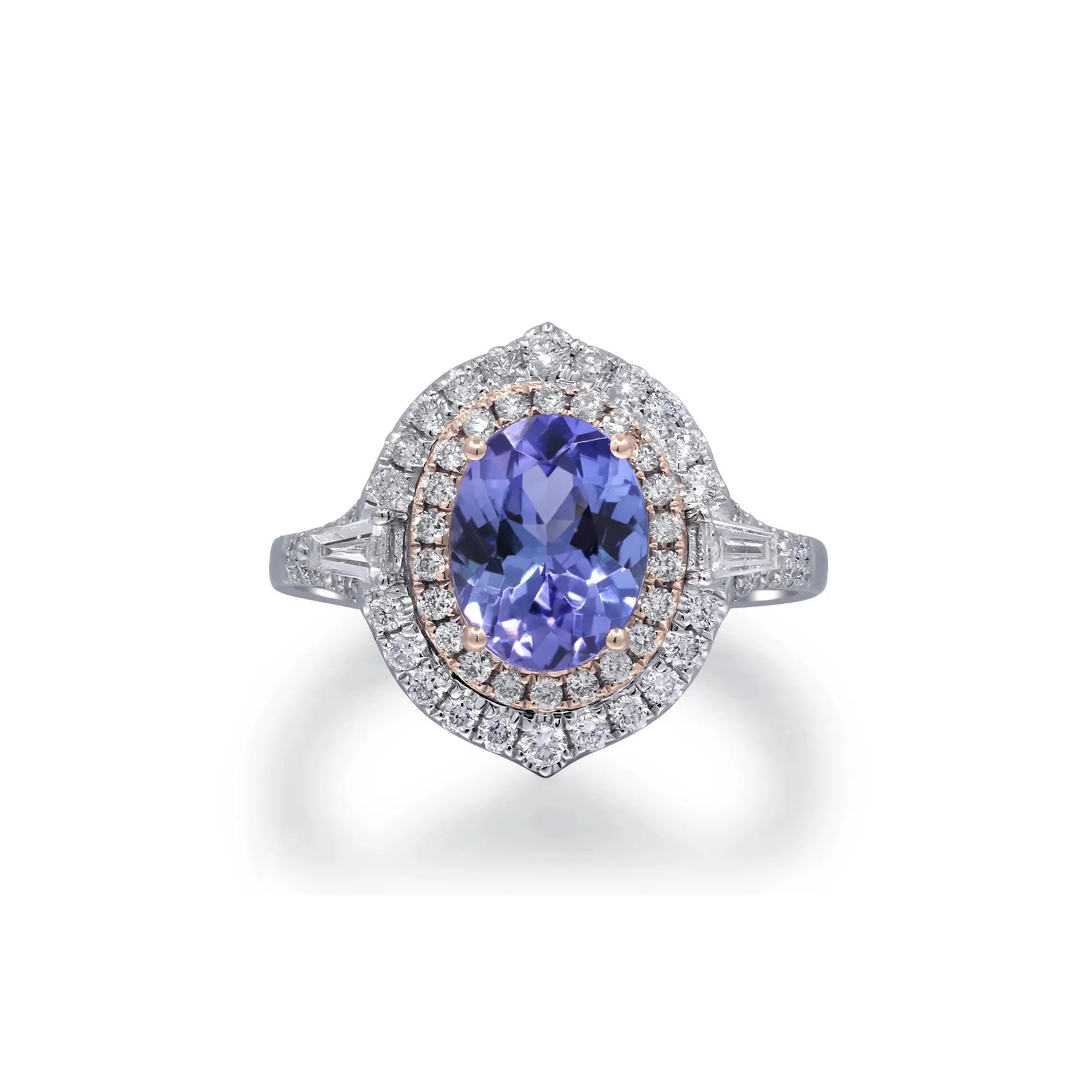 1/2 CT. Tw. Tanzanite and Diamond Halo Ring 14K White and Yellow Gold Round Brilliant Cut Size 9 2mm