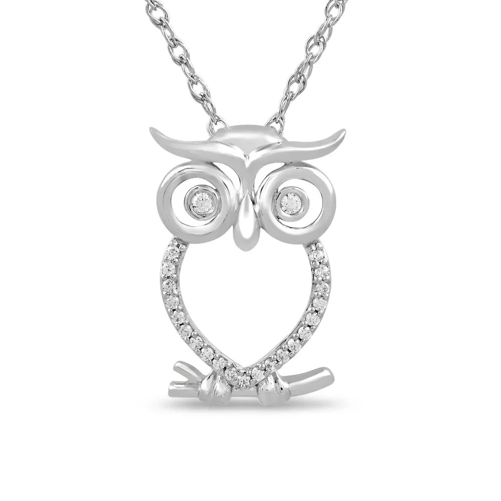 Owl Pendant Necklace with Diamond Accents .925 Sterling Silver White Size 18"