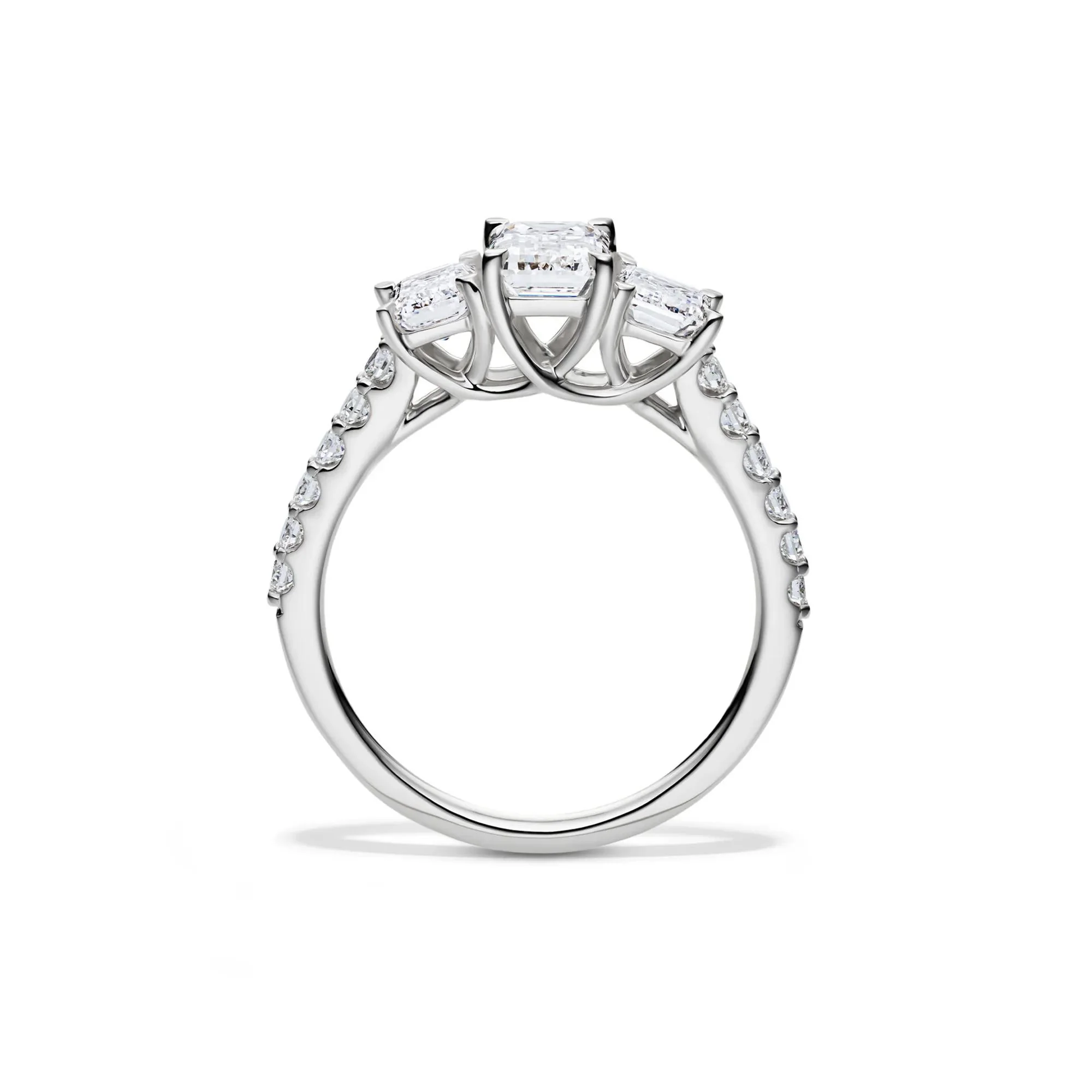 2 CT. Tw. Lab Grown Diamond Emerald-Cut Three Stone Ring 14K White Gold Round Brilliant Cut Size 7 - Image 2