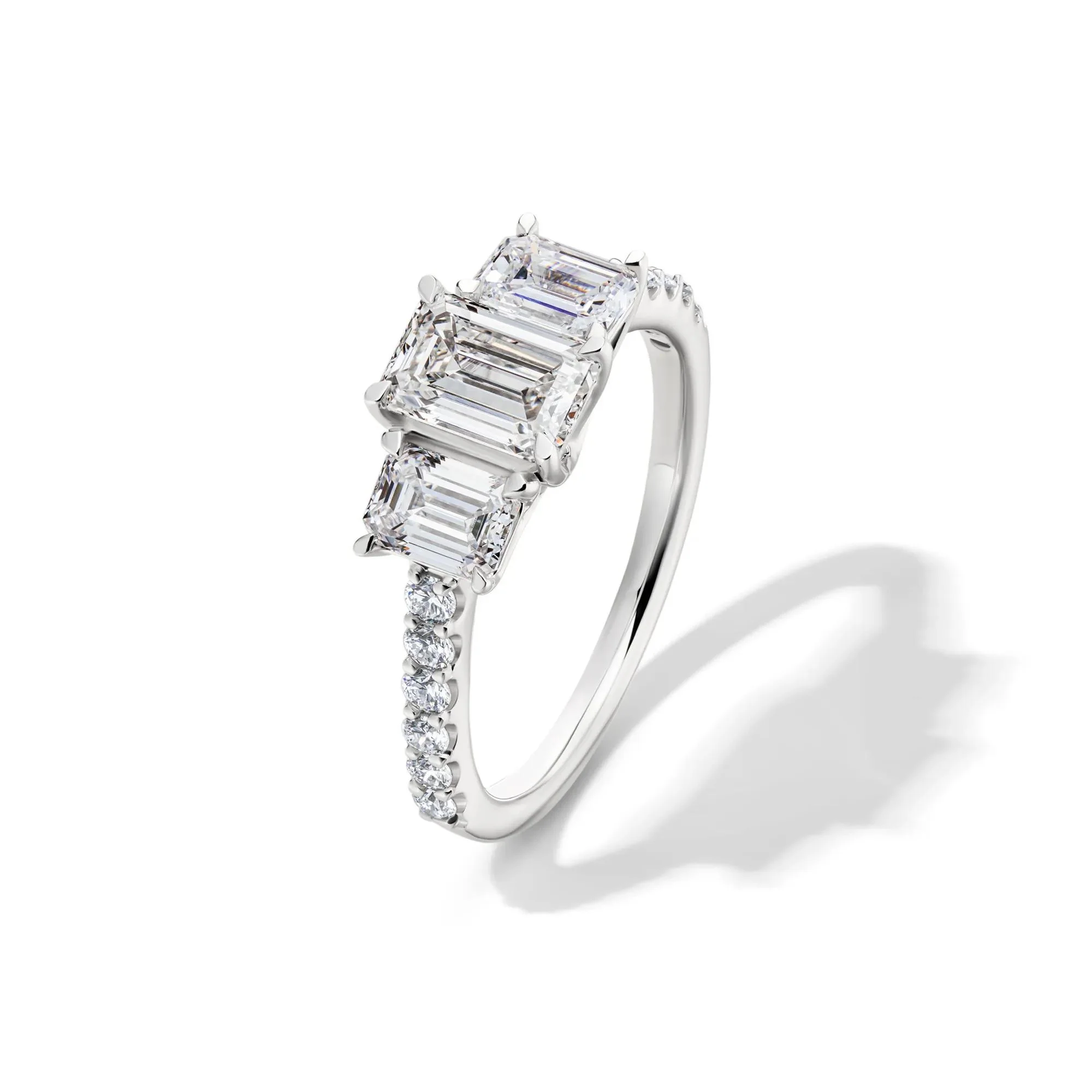 2 CT. Tw. Lab Grown Diamond Emerald-Cut Three Stone Ring 14K White Gold Round Brilliant Cut Size 7 - Image 4