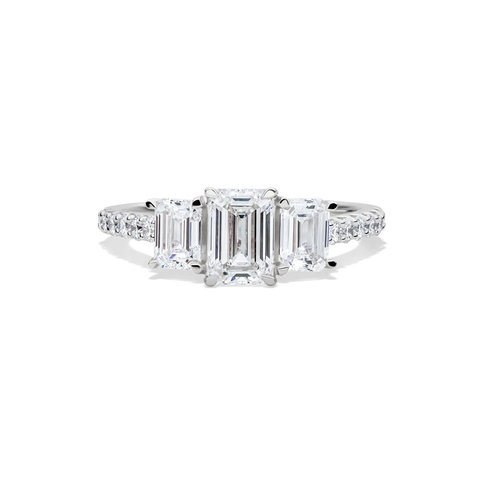 2 CT. Tw. Lab Grown Diamond Emerald-Cut Three Stone Ring 14K White Gold Round Brilliant Cut Size 8.5