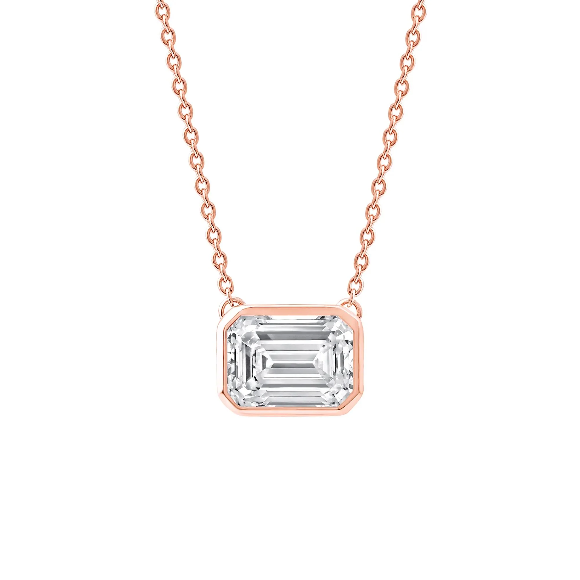 1 CT. Tw. Lab Grown Diamond Emerald-Cut Solitaire Bezel Pendant Necklace 10K Rose Gold Size 18"