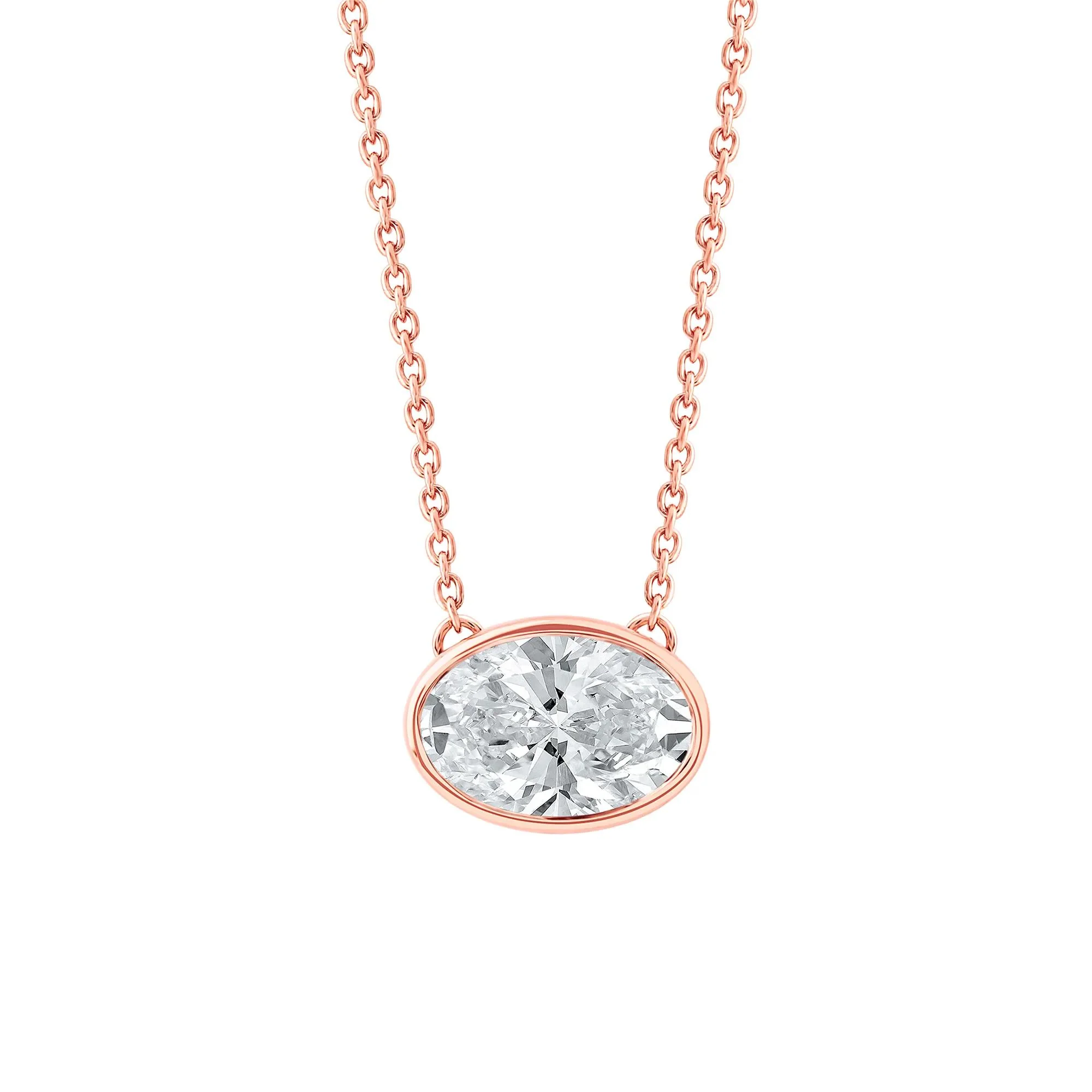 1 CT. Tw. Lab Grown Diamond Oval-Shaped Solitaire Bezel Pendant Necklace 10K Rose Gold Size 18"