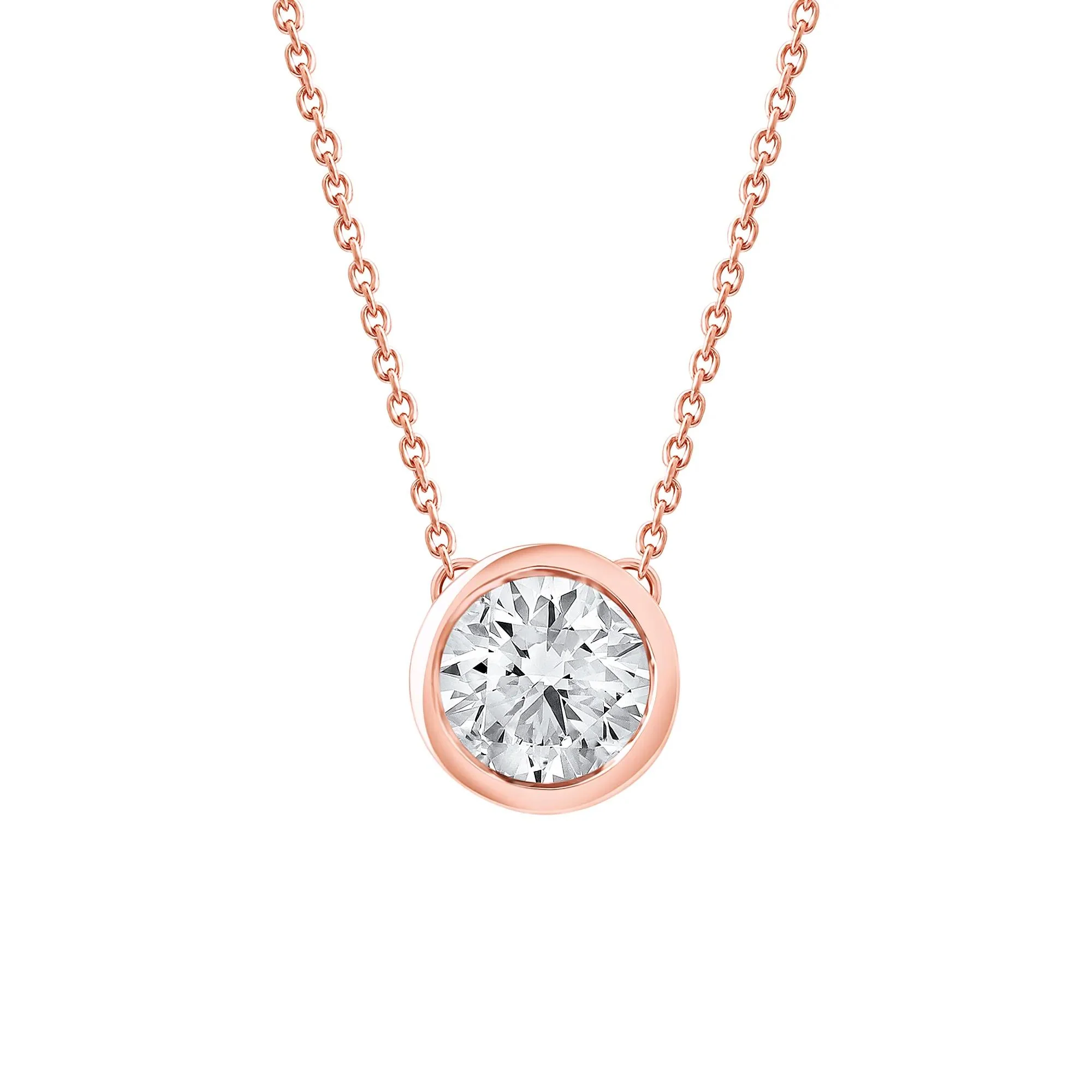 1 CT. Tw. Lab Grown Diamond Round Solitaire Bezel Pendant Necklace 10K Rose Gold Size 18"