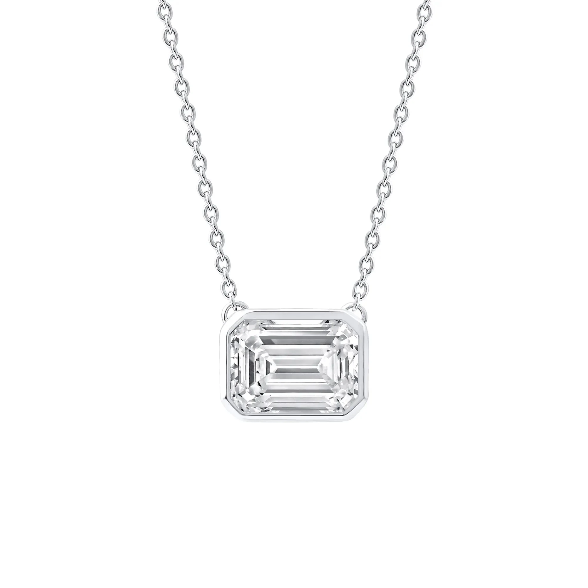1 CT. Tw. Lab Grown Diamond Emerald-Cut Solitaire Bezel Pendant Necklace 10K White Gold Size 18"