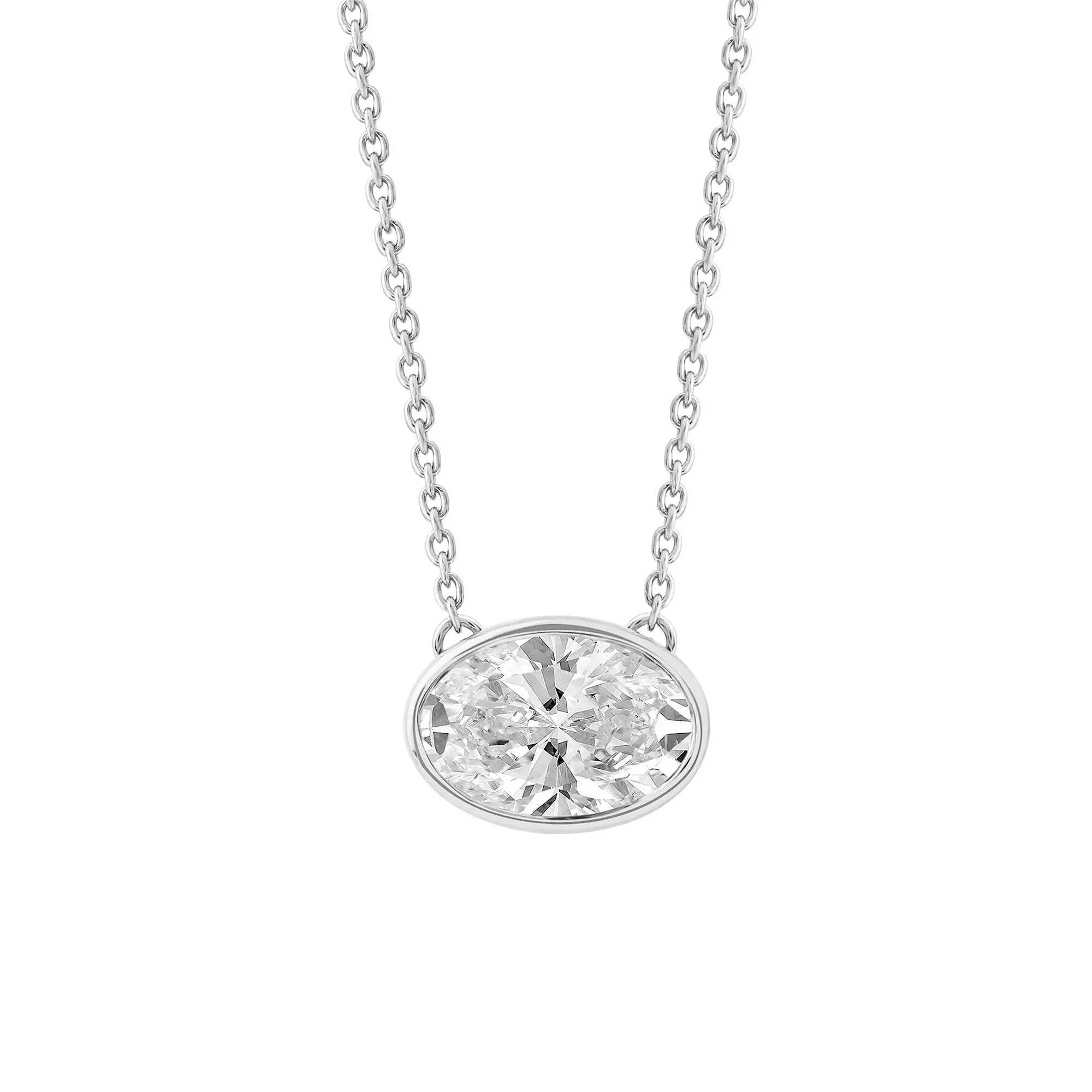 1 CT. Tw. Lab Grown Diamond Oval-Shaped Solitaire Bezel Pendant Necklace 10K White Gold Size 18"