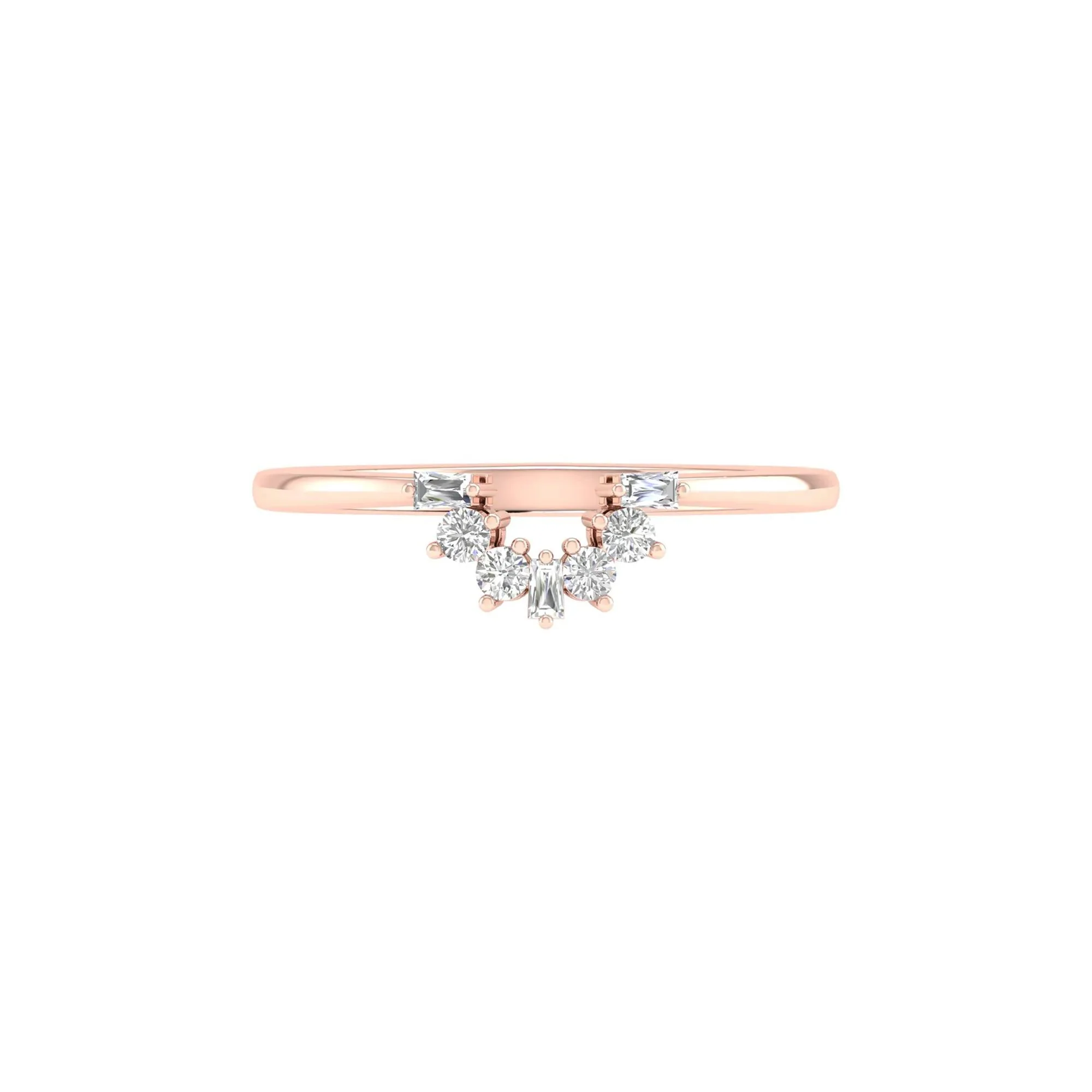 1/7 CT. Tw. Round and Baguette Diamond Contour Band Ring 14K Rose Gold Round Brilliant Cut Size 7 2mm