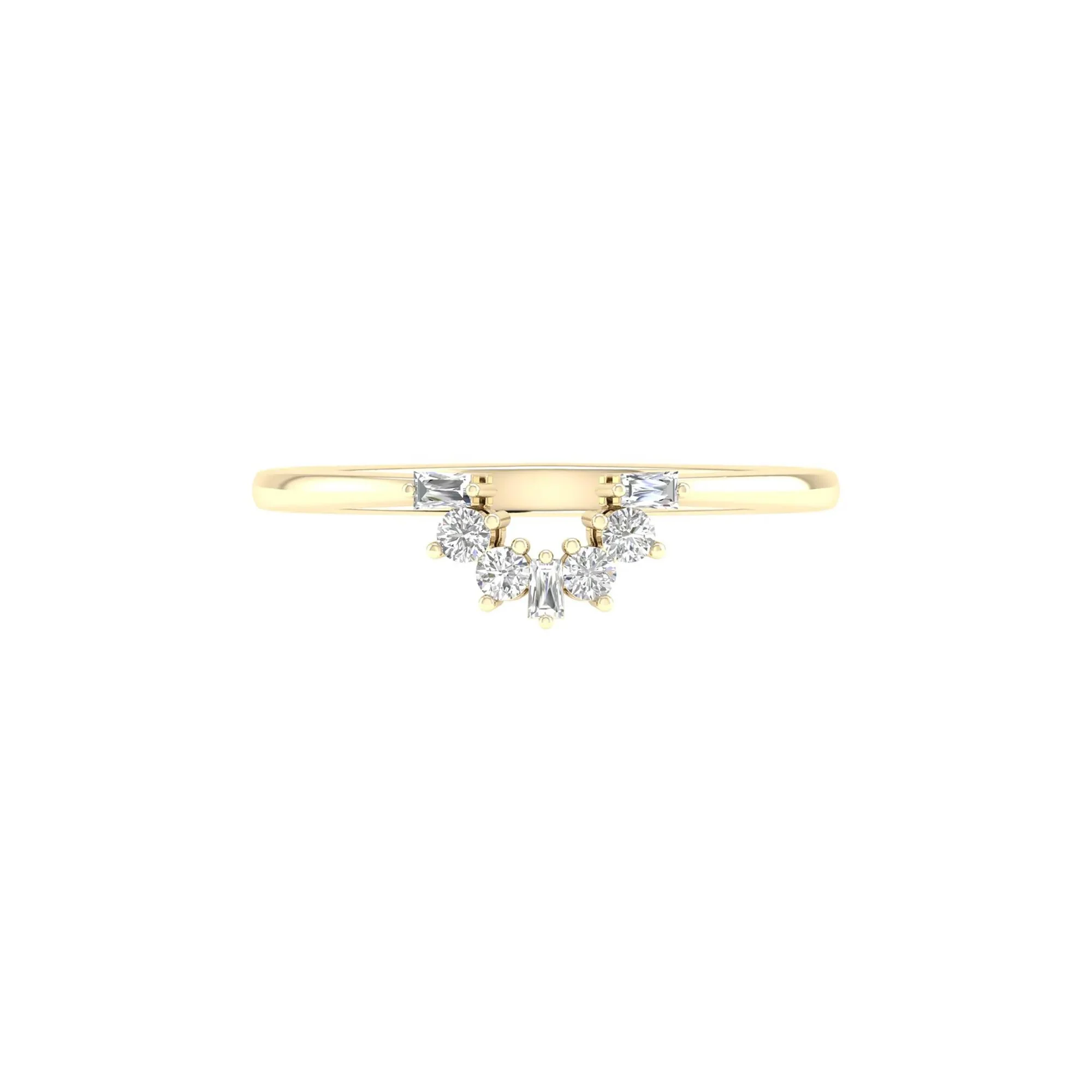 1/7 CT. Tw. Round and Baguette Diamond Contour Band Ring 14K Yellow Gold Round Brilliant Cut Size 7.5 2mm