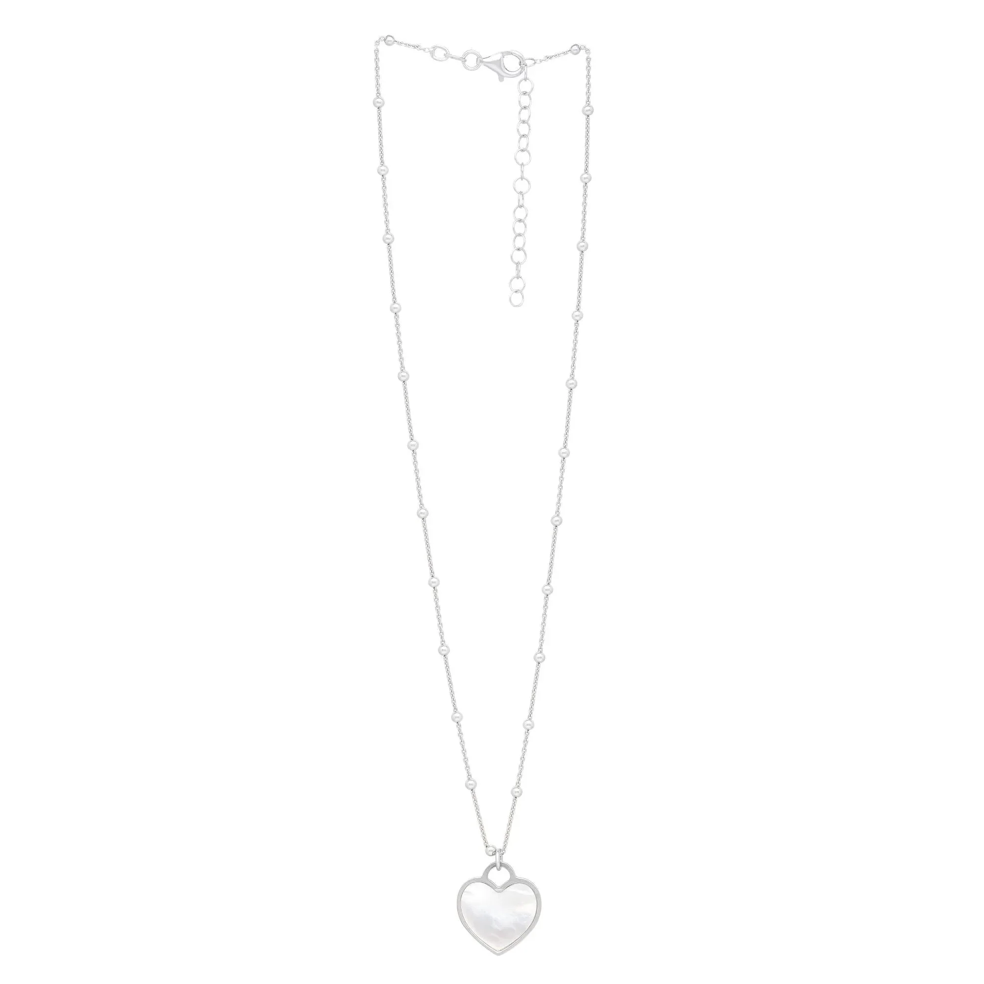 Mother of Pearl Heart Beaded Station Necklace .925 Sterling Silver White Size 18" - Image 2