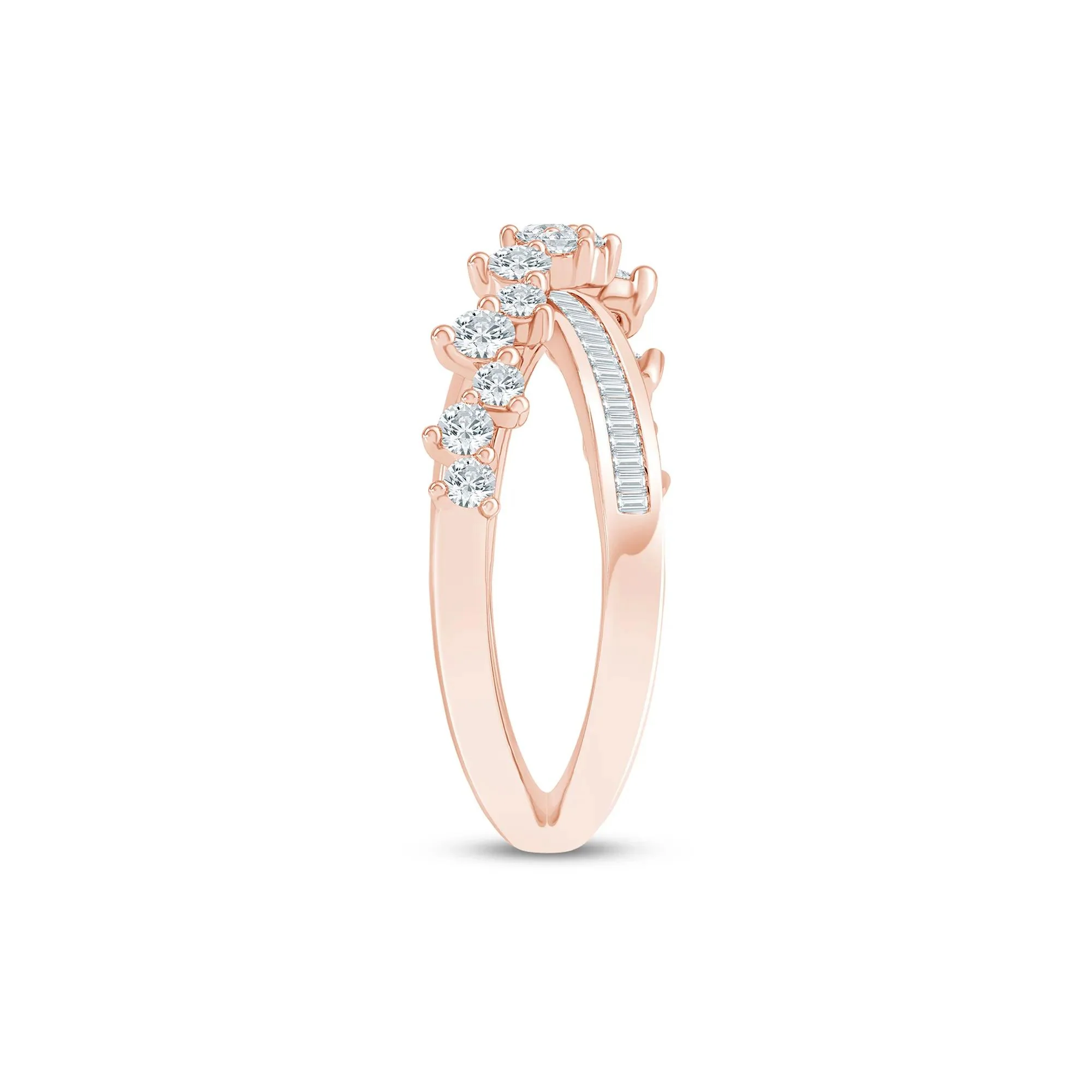 3/4 CT. Tw. Round and Baguette Diamond Crossover Ring 10K Yellow Gold Round Brilliant Cut Rose Size 5 2mm - Image 3