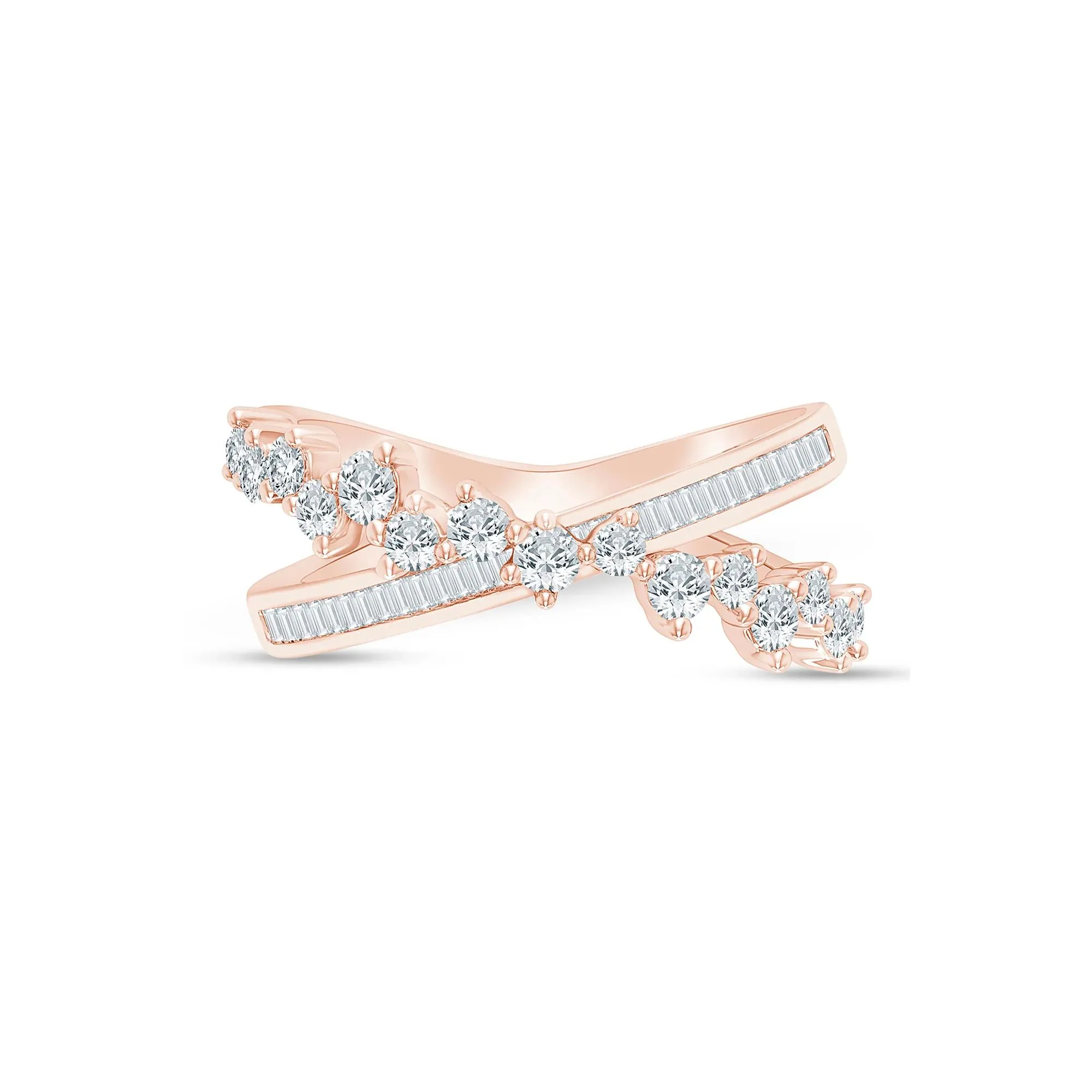 3/4 CT. Tw. Round and Baguette Diamond Crossover Ring 10K Yellow Gold Round Brilliant Cut Rose Size 5.5 2mm