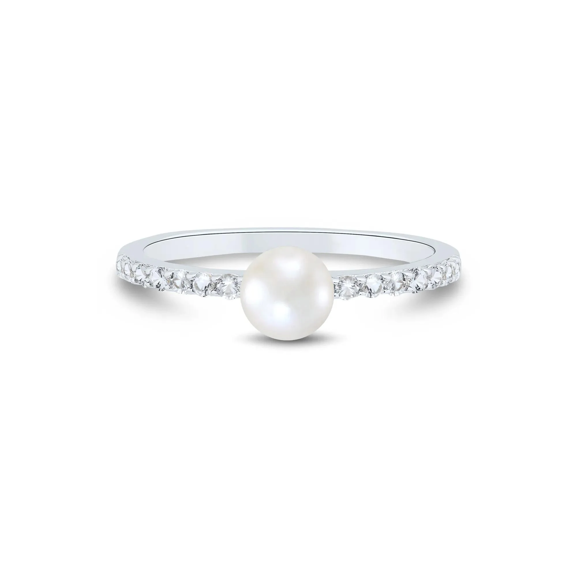 Freshwater Cultured Pearl and Lab Created White Sapphire Stack Ring .925 Sterling Silver Size 7.5 1mm