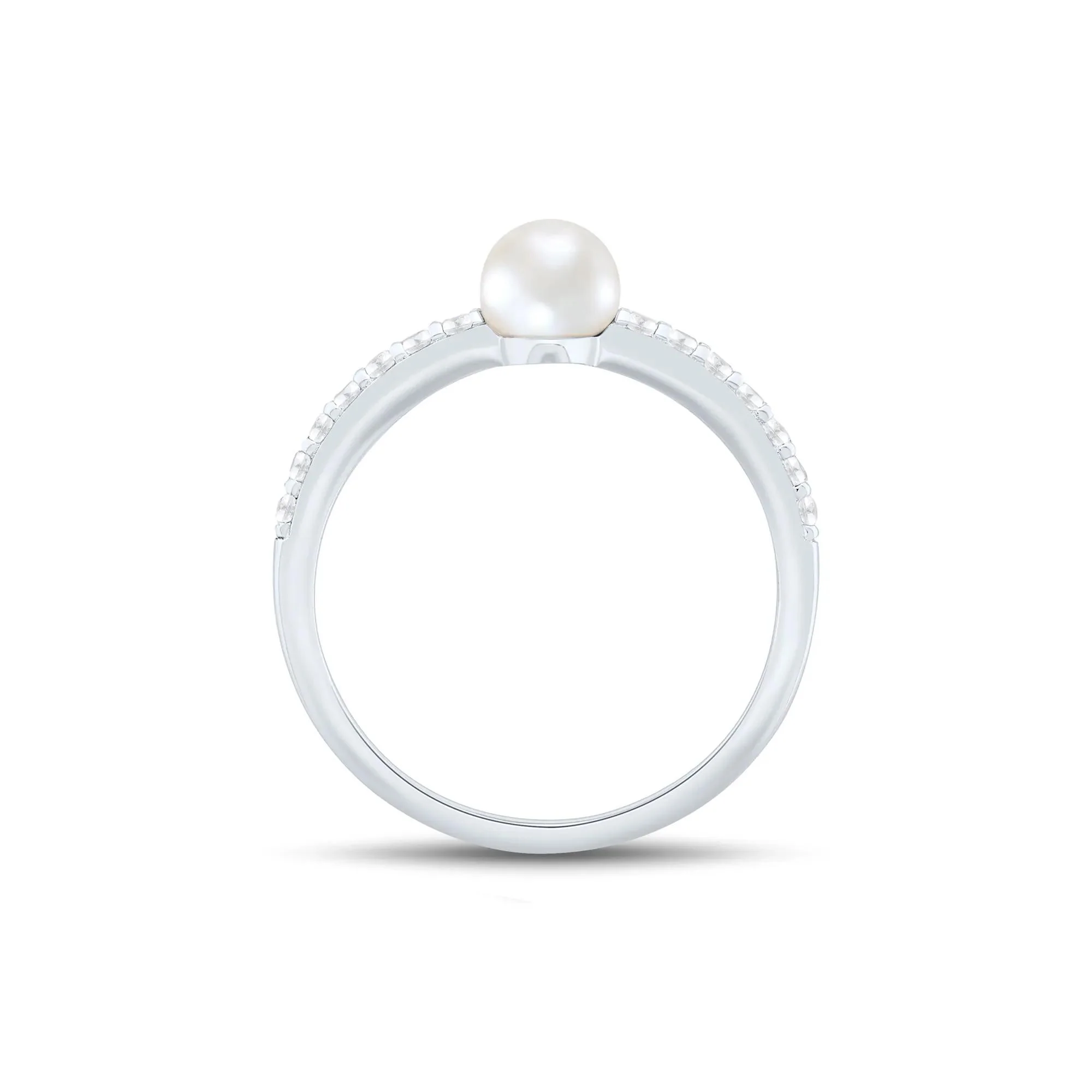 Freshwater Cultured Pearl and Lab Created White Sapphire Stack Ring .925 Sterling Silver Size 7.5 1mm - Image 3
