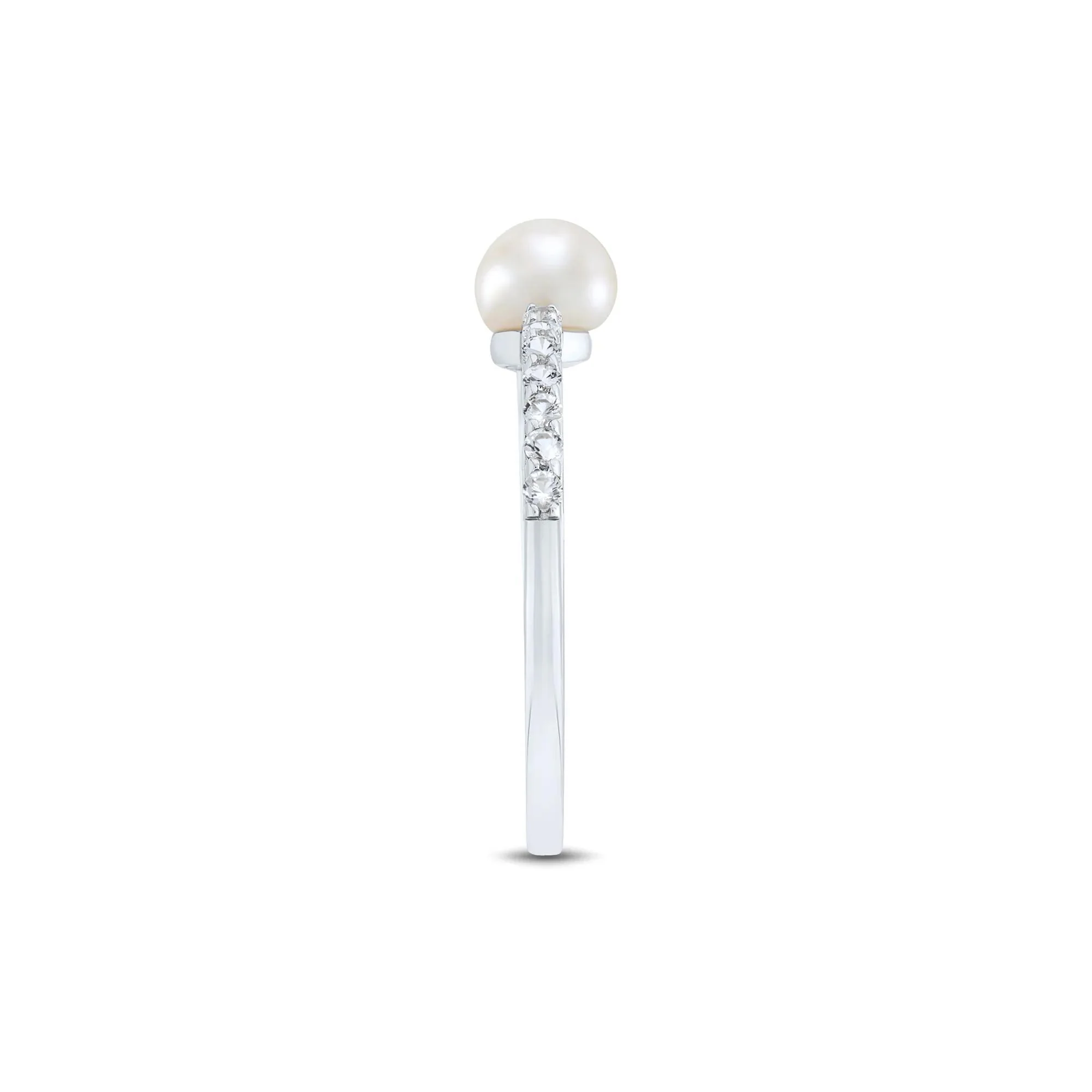 Freshwater Cultured Pearl and Lab Created White Sapphire Stack Ring .925 Sterling Silver Size 8.5 1mm - Image 2