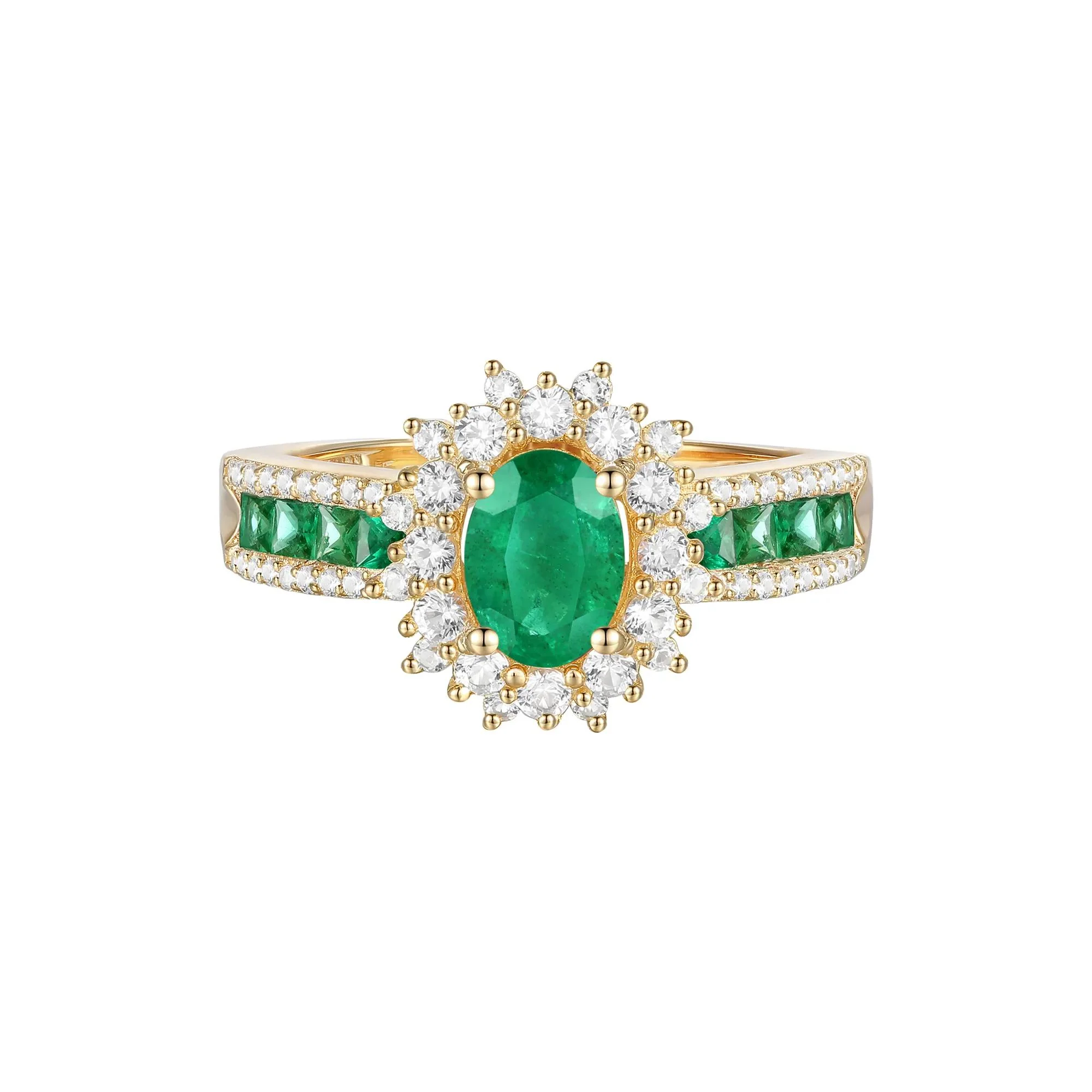 1/2 CT. Tw. Emerald and Diamond Halo Ring 14K Yellow Gold Size 8 1mm